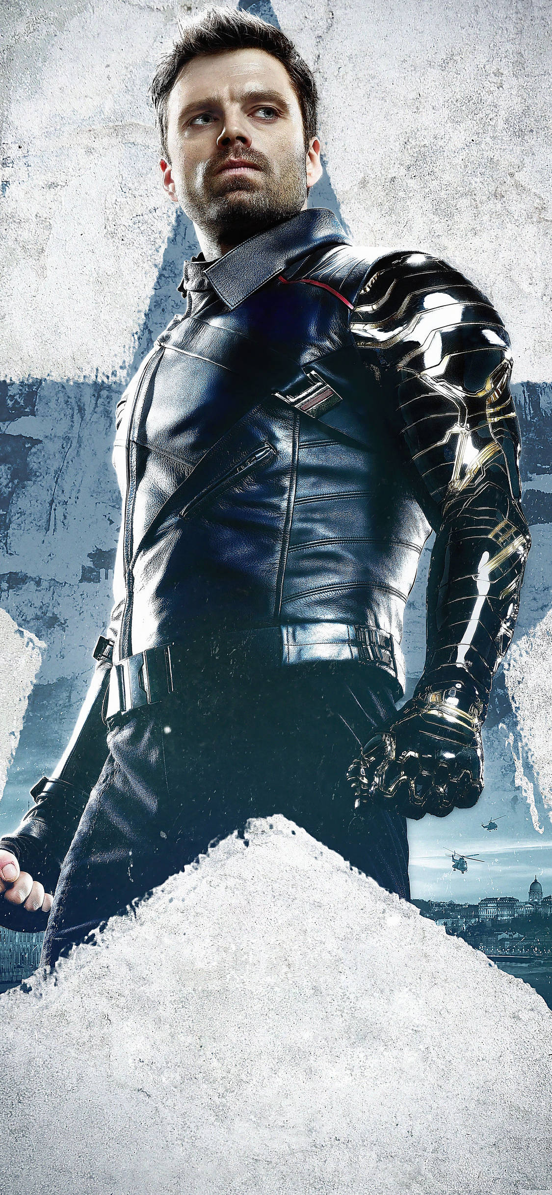 Bucky Barnes 桌布 壁紙 — 一個穿著黑色裝甲服的男人站在白雪皚皚的山峰上，背景是粗糙的城市景觀。