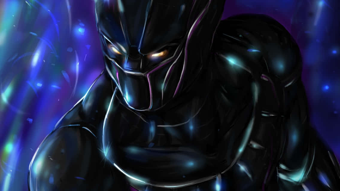 Cute Black Panther 桌布 壁紙 — 一個穿著黑色西裝、擁有發光橙色眼睛的威脅性超級英雄，在充滿活力的宇宙藍色和紫色背景下凝視著。