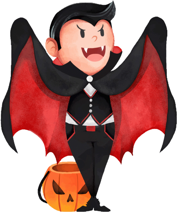 dracula 桌布 壁紙 — 一個穿著黑色西裝、紅色斗篷和尖牙的開心卡通吸血鬼拿著一個傑克南瓜燈。
