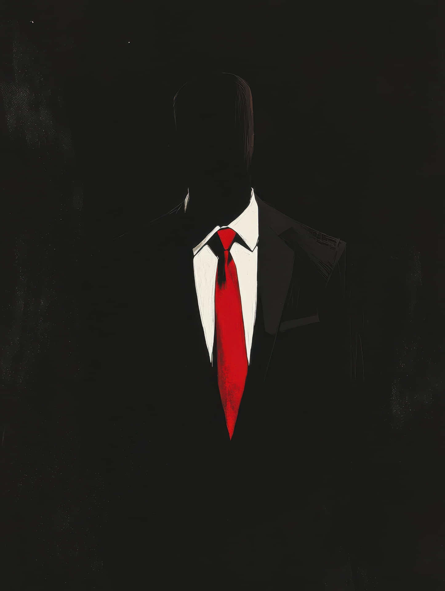 Dark, minimalist portrait of a faceless man wearing a suit and red tie 壁紙 — 一個穿著黑色西裝和白色襯衫的陰影人物站在黑暗背景前，一條大膽的紅色領帶是唯一鮮明的細節。