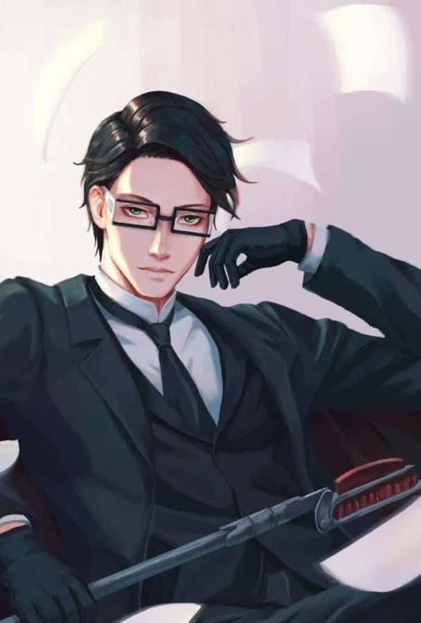 William T. Spears 桌布 壁紙 — 一個穿著黑色西裝和眼鏡的時尚動漫男子，在柔和的粉紅色背景前以自信姿勢手持武士刀。
