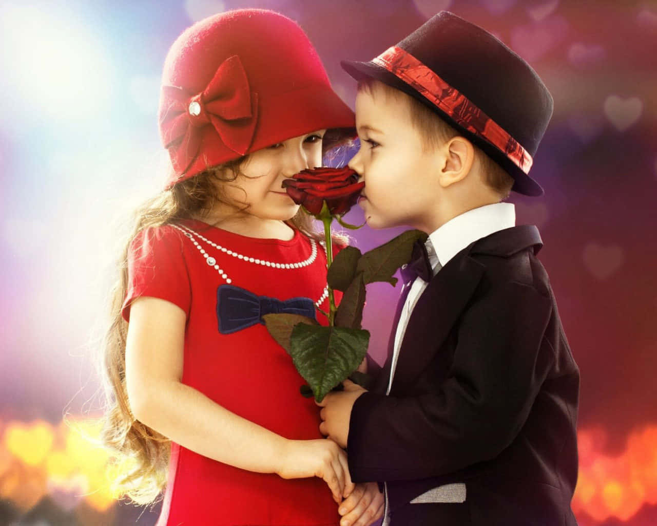 Cute Love 桌布 壁紙 — 一個穿著黑色西裝和紅色帽子的年輕男孩親吻一個穿著紅色連衣裙和相配帽子的女孩手持的紅玫瑰。