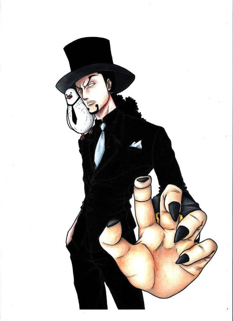 Rob Lucci 桌布 壁紙 — 一個穿著黑色西裝和高帽的威脅性動漫男子，手持白色天鵝面具，伸出帶有黑色指甲的手。