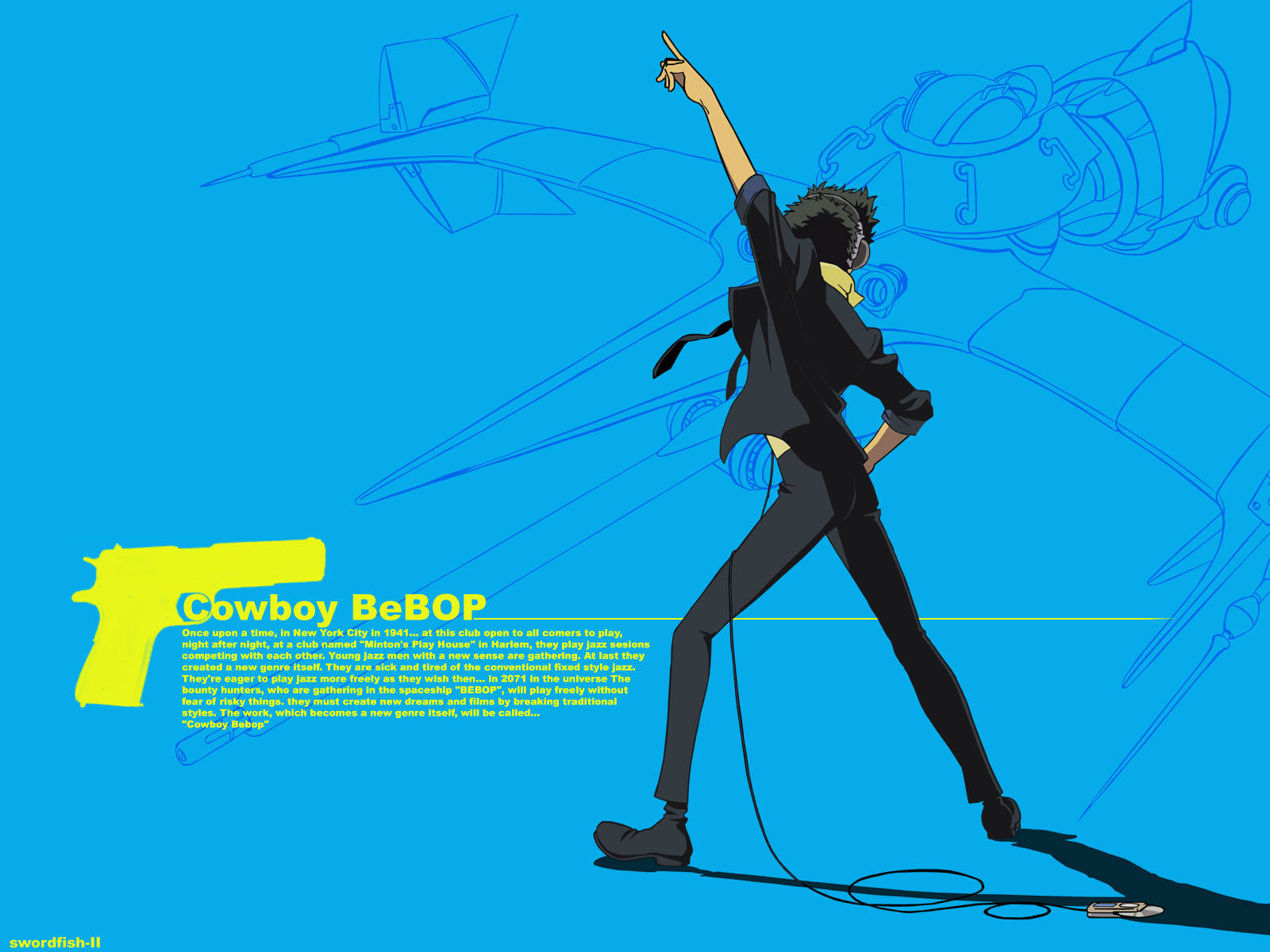 Cowboy Bebop Desktop 桌布 壁紙 — 一個穿著黑色西裝的動態動漫角色在明亮的藍色背景前擺姿勢，背景有模糊的太空船輪廓和黃色文字。
