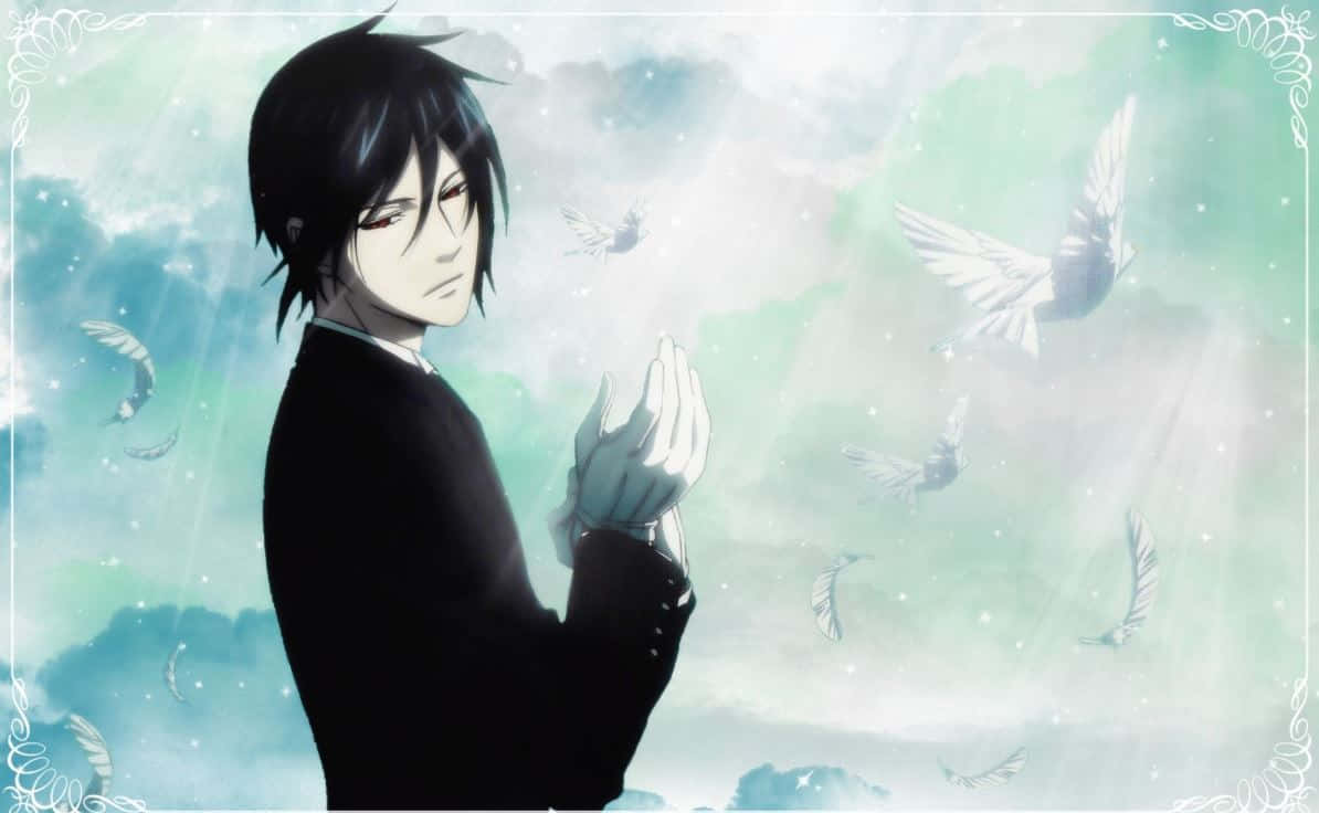 sebastian michaelis 桌布 壁紙 — 一個穿著黑色西裝的嚴肅動漫男孩雙手合十站立，白鴿在柔和的綠色和藍色天空中飛翔。