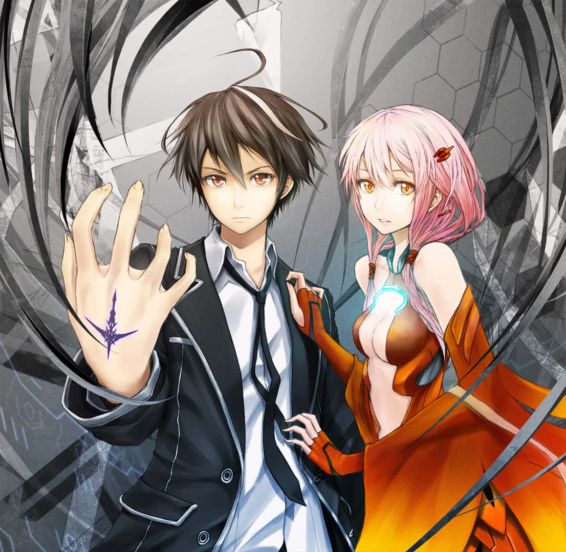 Guilty Crown 桌布 壁紙 — 一個穿著黑色西裝的年輕男子和一個穿著橙色服裝的粉紅色頭髮女孩，站在旋轉的灰色和黑色抽象背景前。