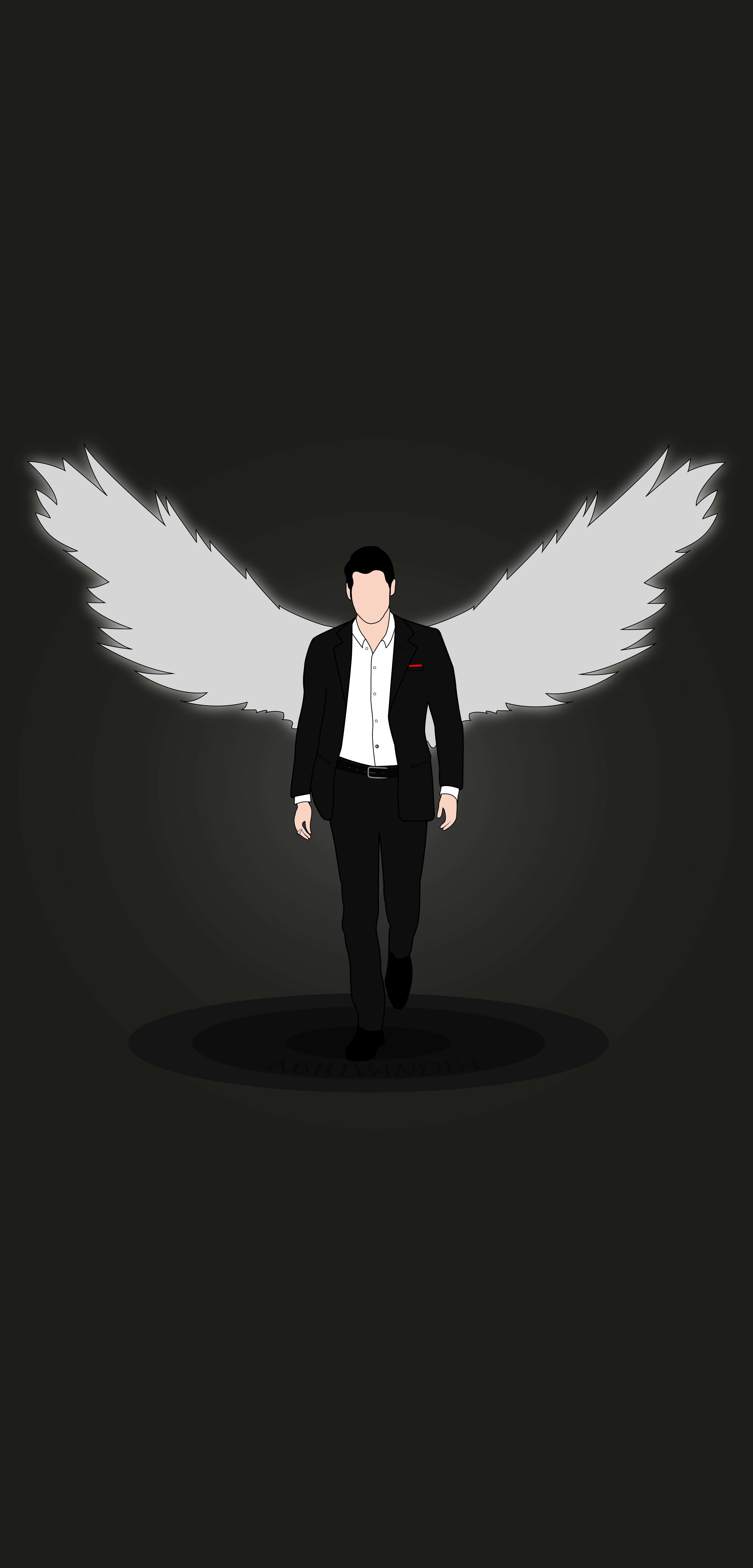 Lucifer Wings 桌布 壁紙 — 一個穿著黑色西裝的男人，在深色漸變背景上，帶著巨大的白色天使翅膀向前走。