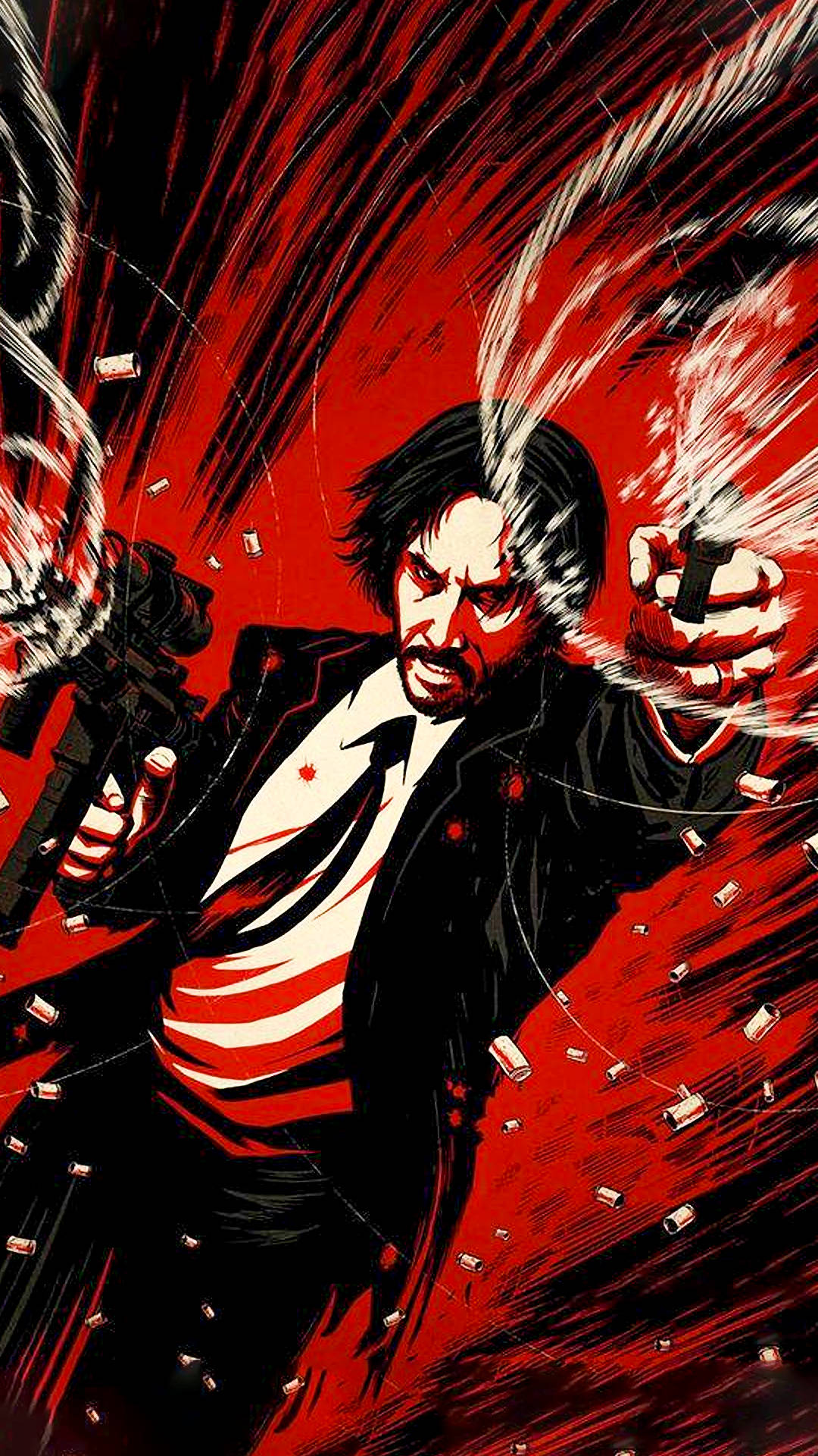 John Wick 桌布 壁紙 — 一個穿著黑色西裝的男人向著暴力紅色背景開兩把手槍，子彈殼飛舞。