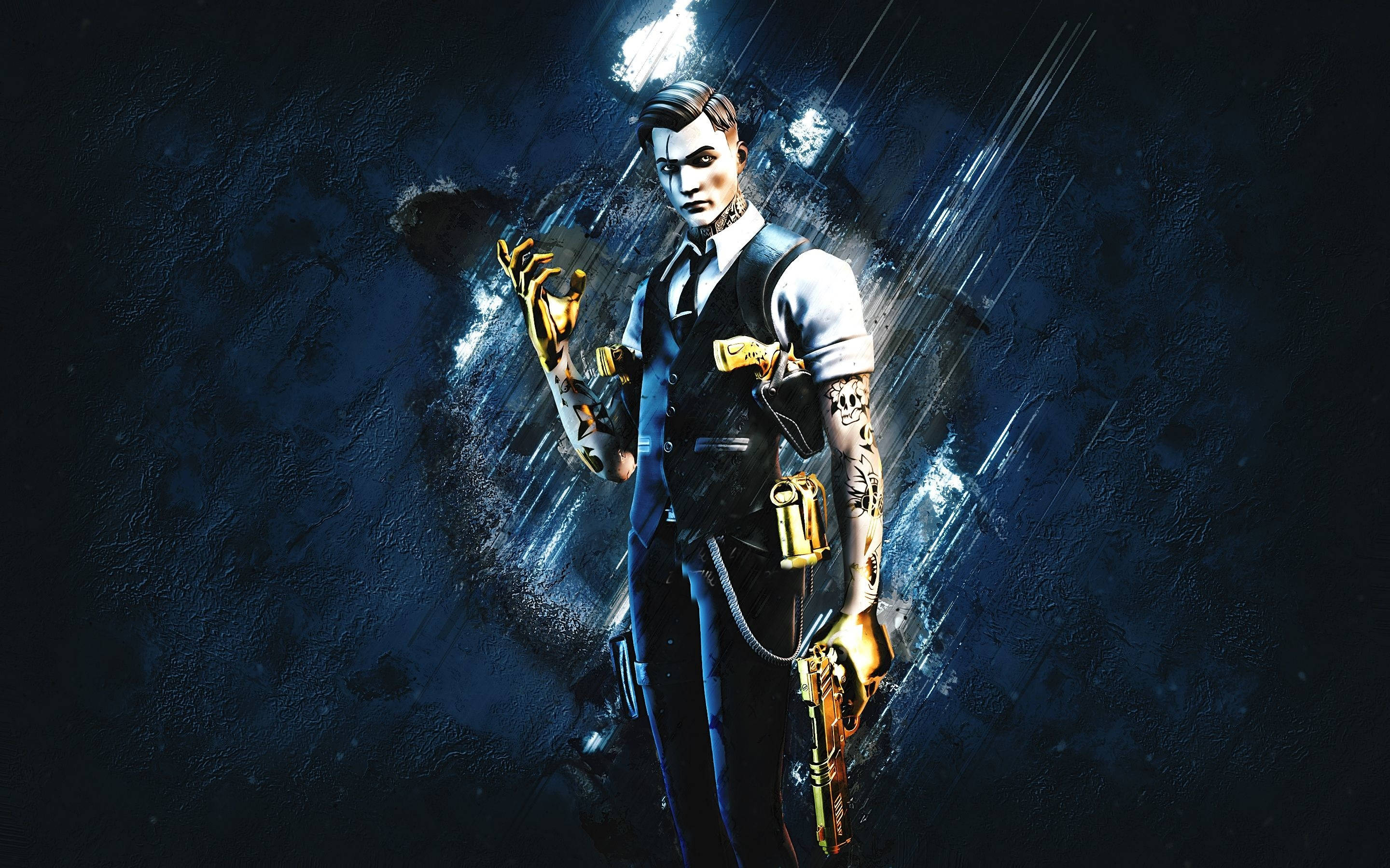 Fortnite 桌布 壁紙 — 一個穿著黑色西裝的賽博龐克男人，在暴風雨般的藍色背景上手持金色槍支，伴隨著發光的條紋。