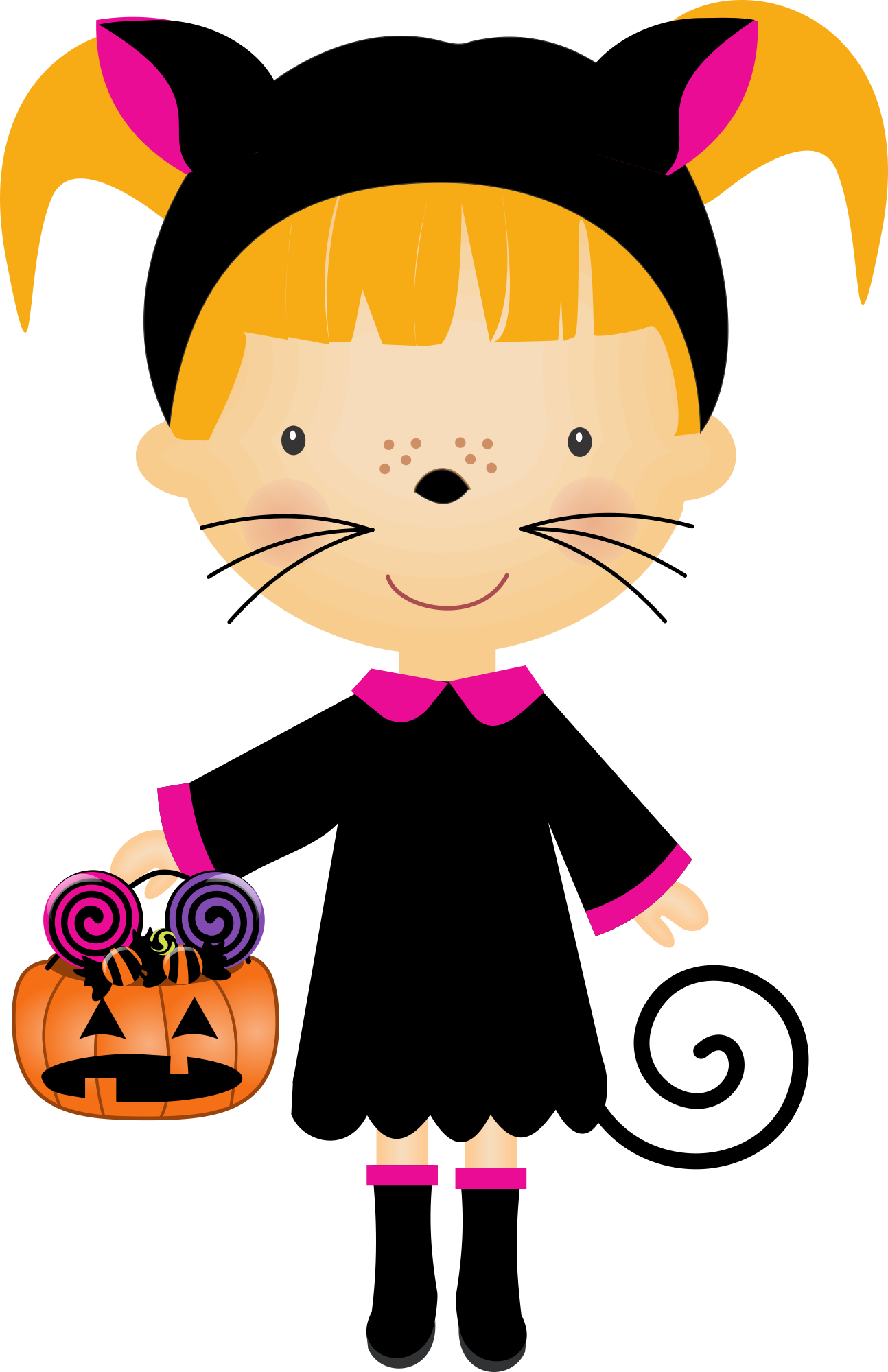Halloween 桌布 壁紙 — 一個穿著黑色貓咪服裝、帶有粉紅色點綴的開心卡通女孩，拿著一個裝滿彩色棒棒糖的南瓜燈。