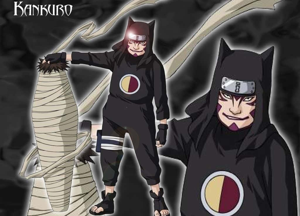 Kankuro 桌布 壁紙 — 一個穿著黑色連帽服裝、帶有貓耳和紅黃色標誌的動漫角色，站在一個木乃伊化的人物旁邊，背景陰暗煙霧彌漫。