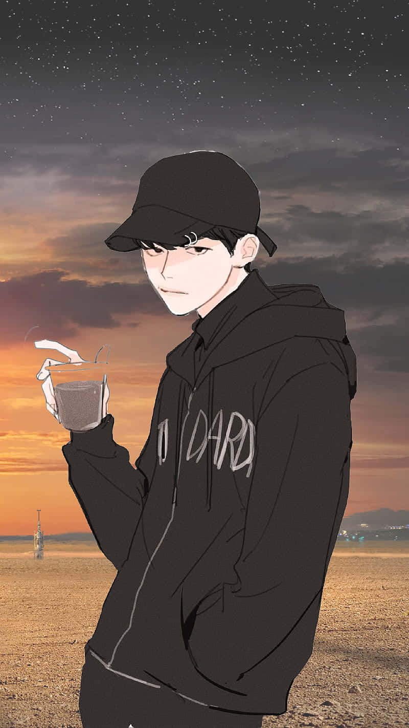 Sad Vibes 桌布 壁紙 — 一個穿著黑色連帽衫和帽子的年輕男子，在荒蕪沙漠上繁星點點的暮色天空下拿著飲料。