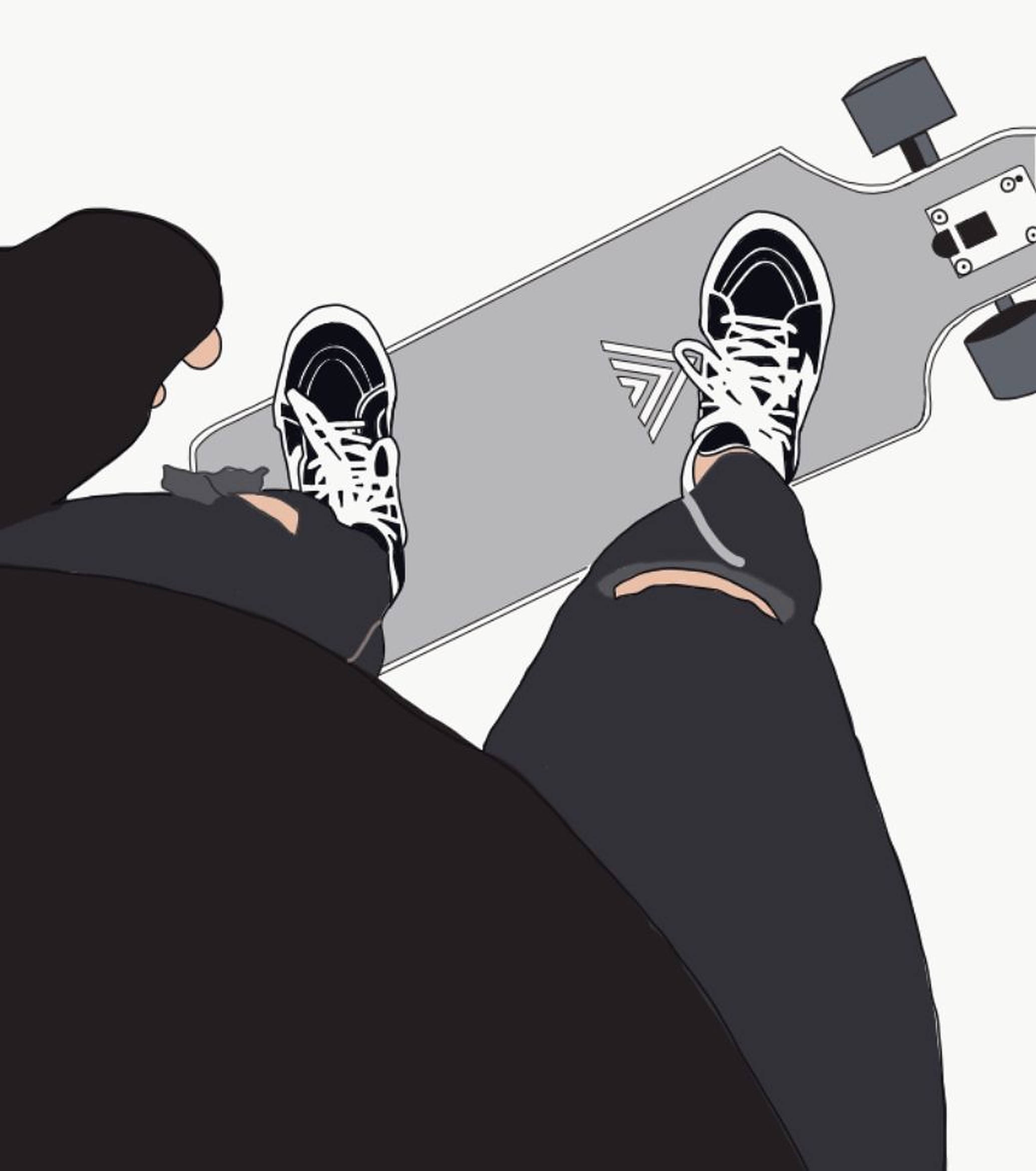 滑板男孩風格 桌布 壁紙 — 一個穿著黑色連帽衫和破洞牛仔褲的人，將腳擱在長板滑板上，腳穿白色運動鞋，背景簡潔。
