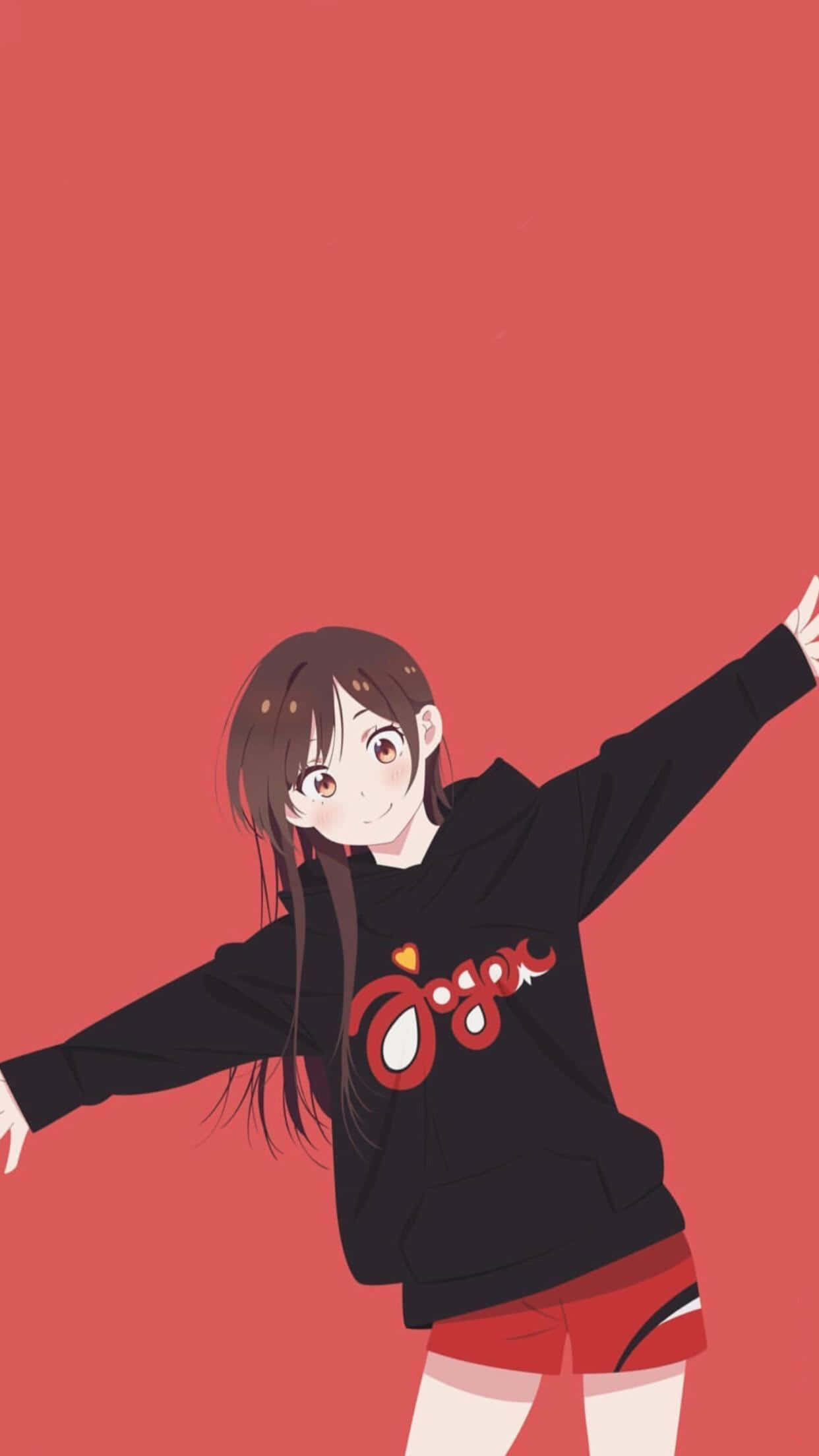 Chill Anime Phone 桌布 壁紙 — 一個穿著黑色連帽衫和紅色短褲的開朗動漫女孩，在純珊瑚色背景前擺出俏皮的姿勢。