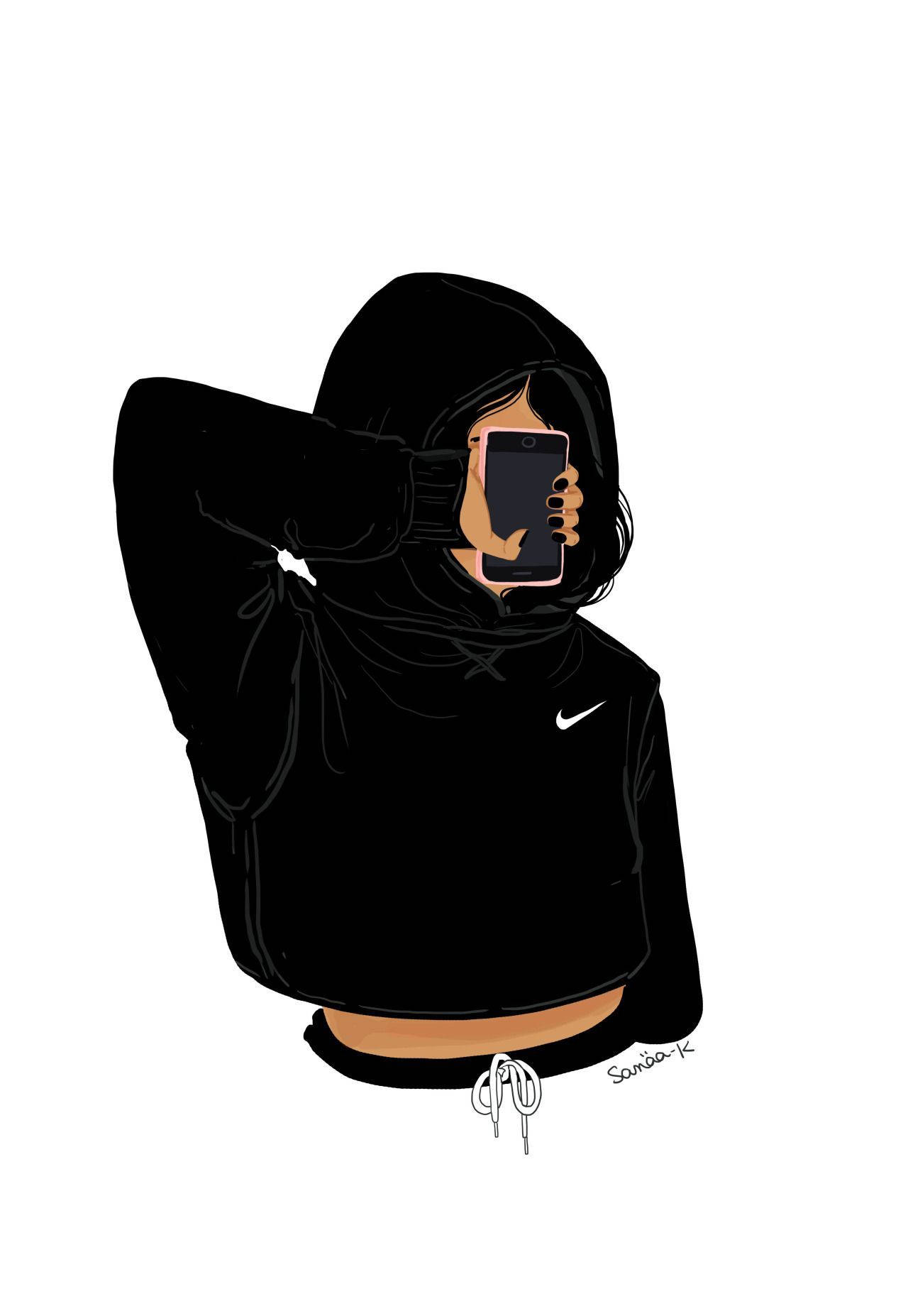 black cartoon girl 桌布 壁紙 — 一個穿著黑色連帽衫的人用手機自拍，同時將臉藏在手機後面。