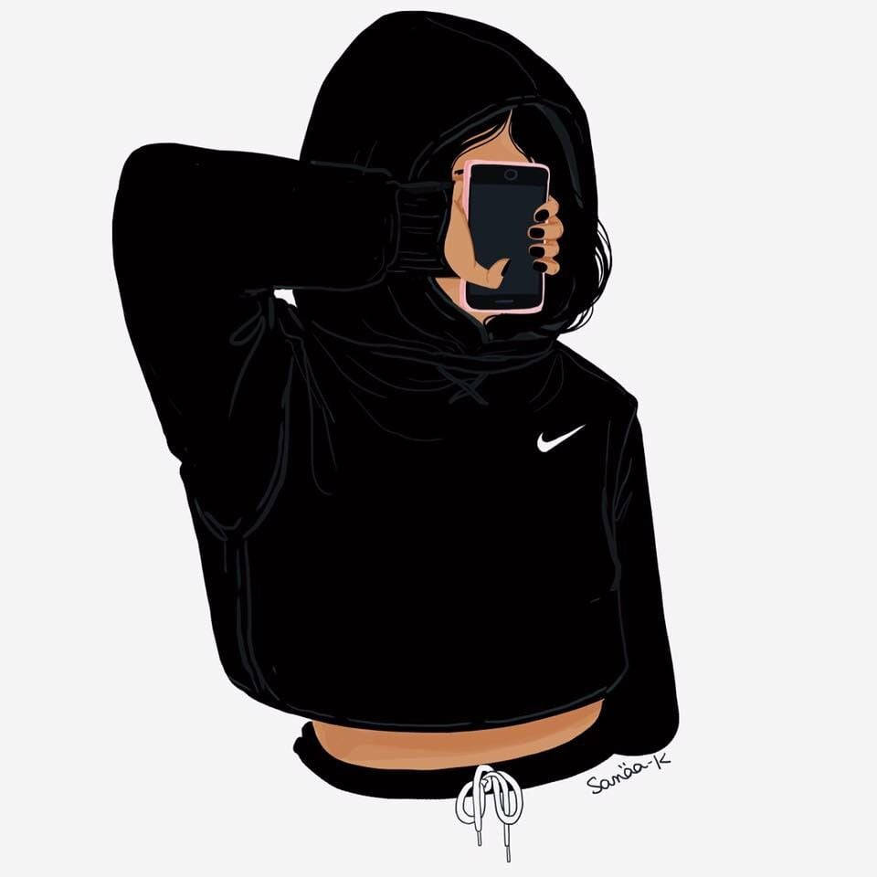 Hoodie 桌布 壁紙 — 一個穿著黑色連帽衫的人用粉紅色手機自拍，遮住臉部的風格化插圖。