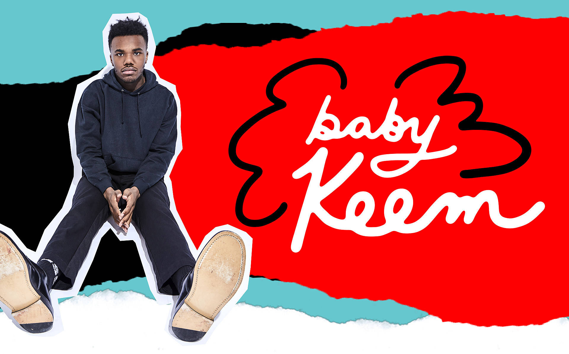 Baby Keem 桌布 壁紙 — 一個穿著黑色連帽衫的年輕人盤腿坐在大膽的紅色和藍綠色撕紙背景前，背景上有風格化的白色字體 'baby Keem'。