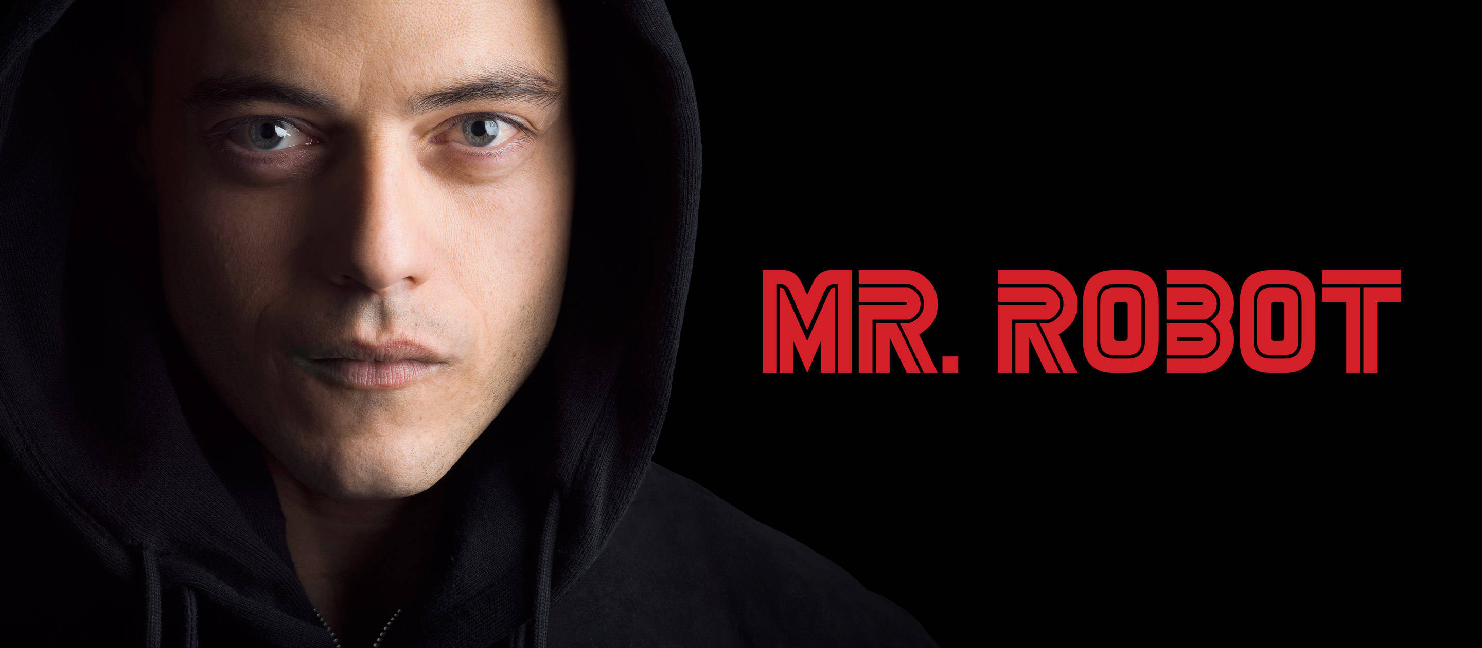 Mr Robot 桌布 壁紙 — 一個穿著黑色連帽衫的男人在深色背景上，帶有粗體紅色「MR. ROBOT」文字，強烈凝視。