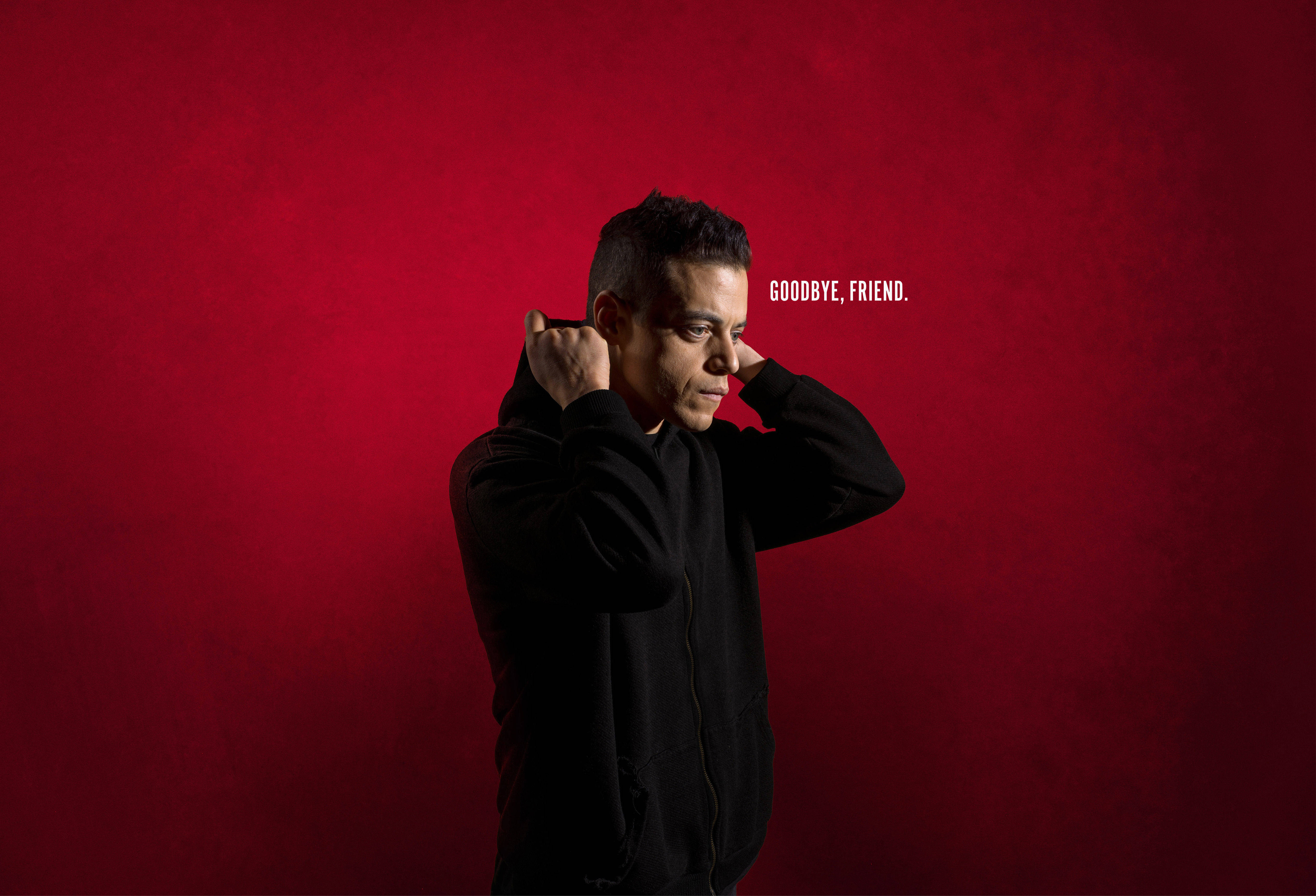 Mr Robot 桌布 壁紙 — 一個穿著黑色連帽衫的男人在質感深紅色背景上拉起帽子，上面寫著「再見朋友」。