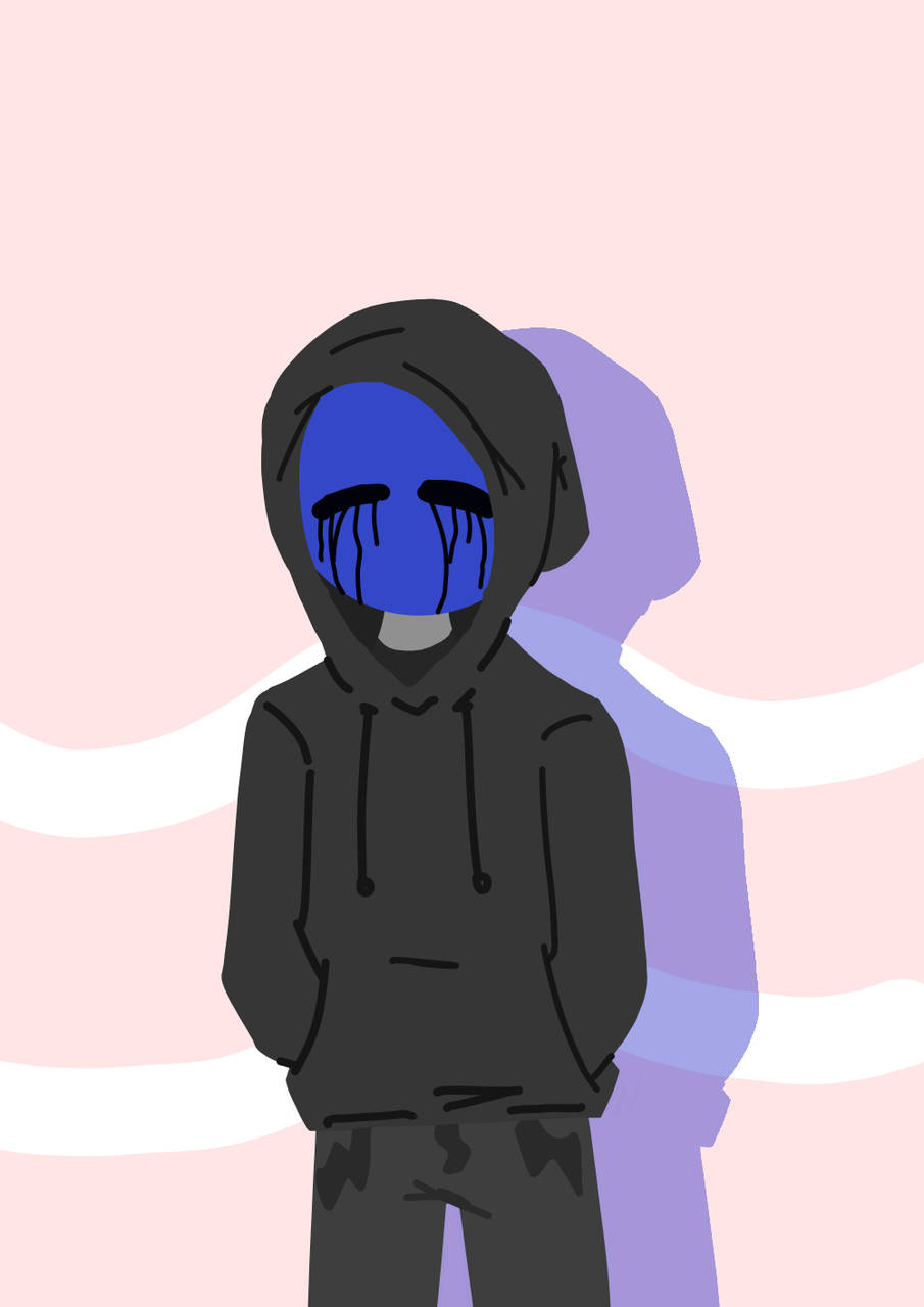 Eyeless Jack 桌布 壁紙 — 一個穿著黑色連帽衫的風格化人物，藍色臉龐帶有淚痕，站在柔和的粉紅色和紫色背景前。