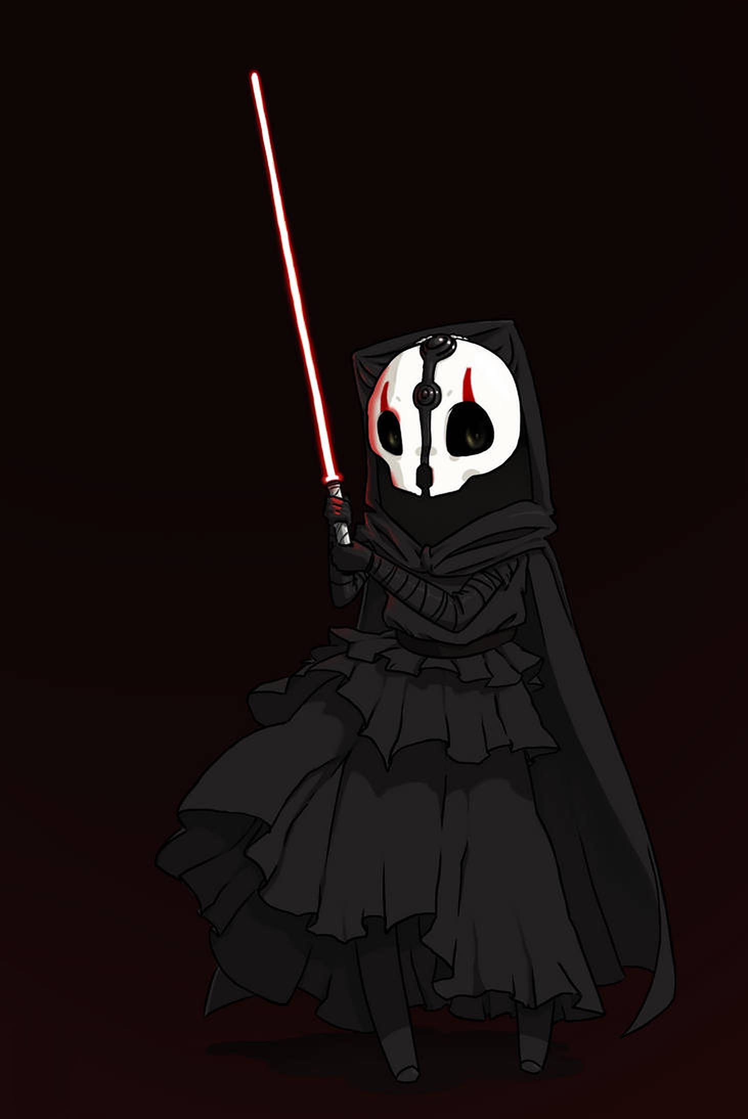 Darth Nihilus 桌布 壁紙 — 一個穿著黑色連帽長袍的Q版蒙面人物，在黑暗背景中揮舞著發光的紅色光劍。
