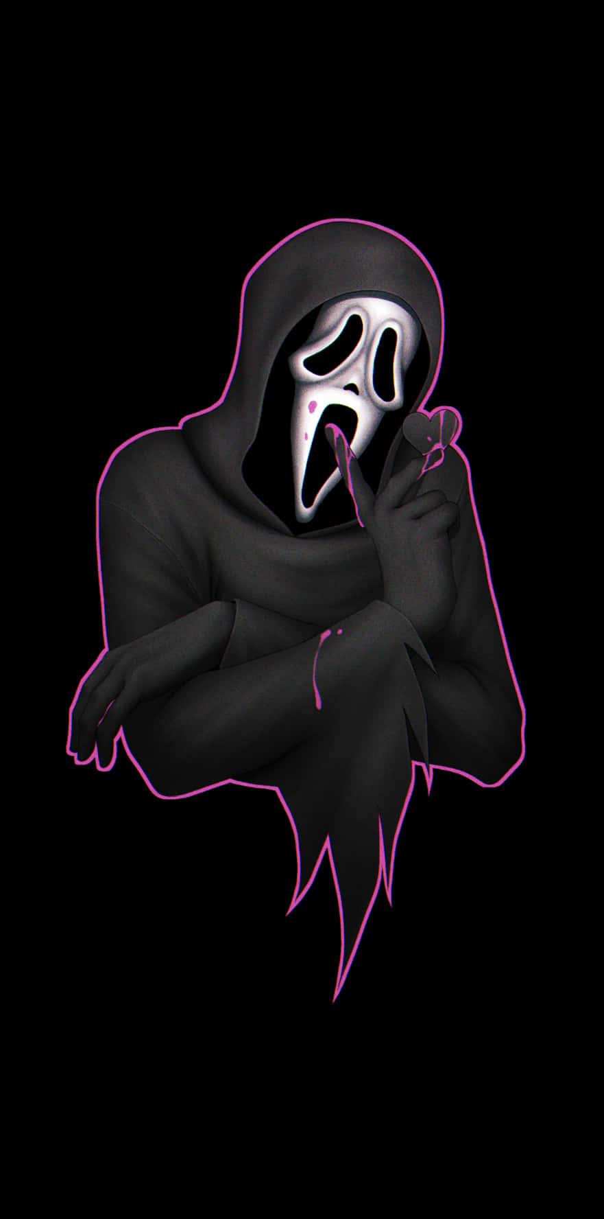 Cute Ghost 桌布 壁紙 — 一個穿著黑色連帽長袍的鬼影，戴著白色尖叫面具，在純黑色背景上以霓虹粉紅色勾勒出輪廓。