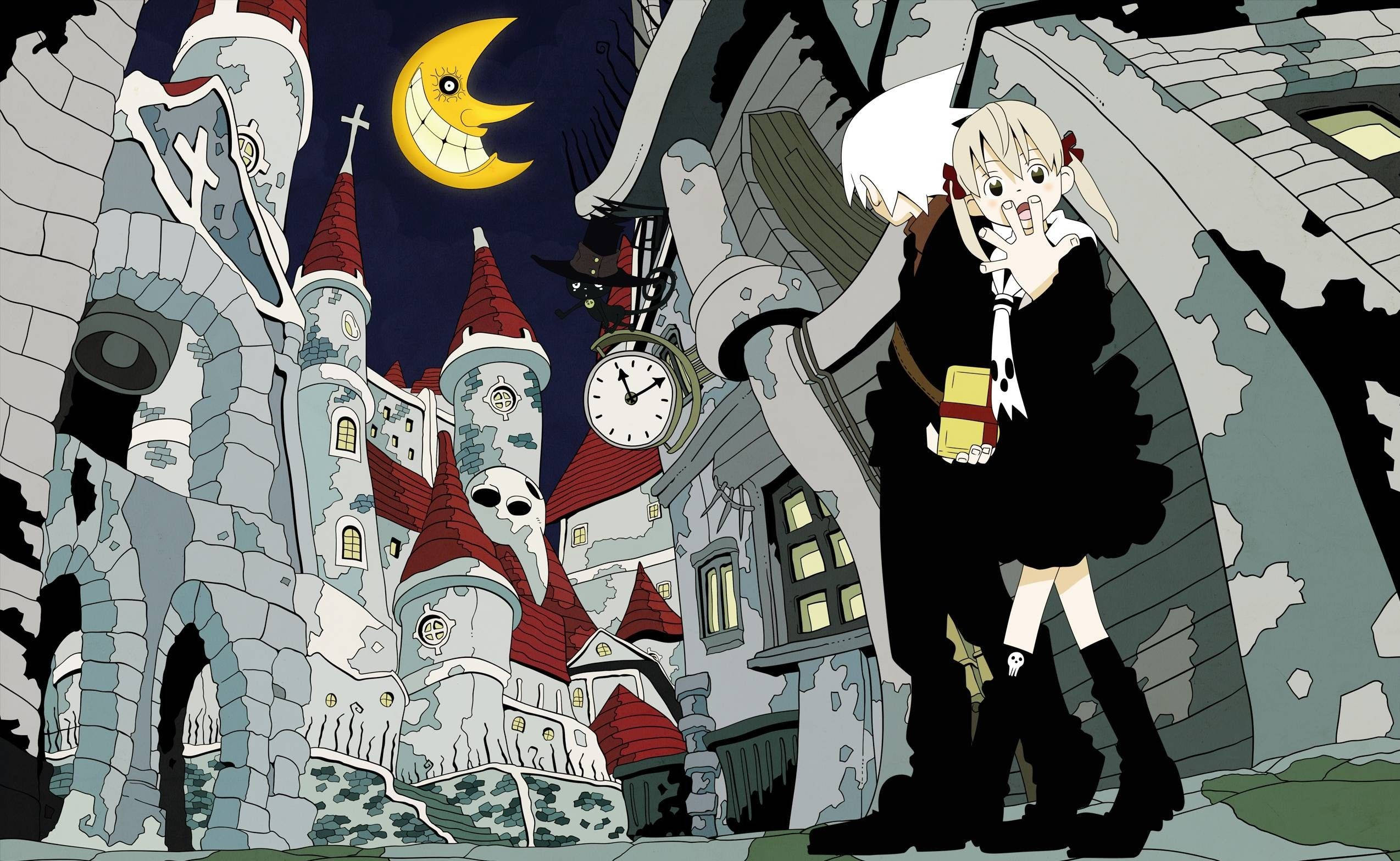 soul eater moon 桌布 壁紙 — 一個穿著黑色連衣裙的受驚動漫女孩，站在一個咧嘴笑的彎月下的恐怖城堡前。