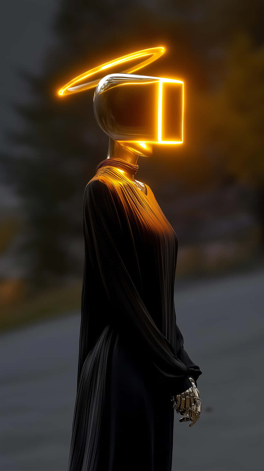 Luminous Future 壁紙 — 一個穿著黑色長袍的人形身影，帶有發光的橙色光環和長方形的臉，站在光線昏暗的戶外環境中。