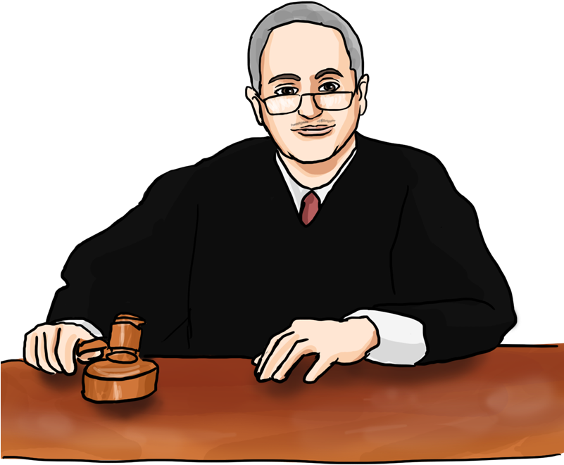 judge 桌布 壁紙 — 一個穿著黑色長袍的卡通法官坐在木凳上，手持木槌，背景為黑色。
