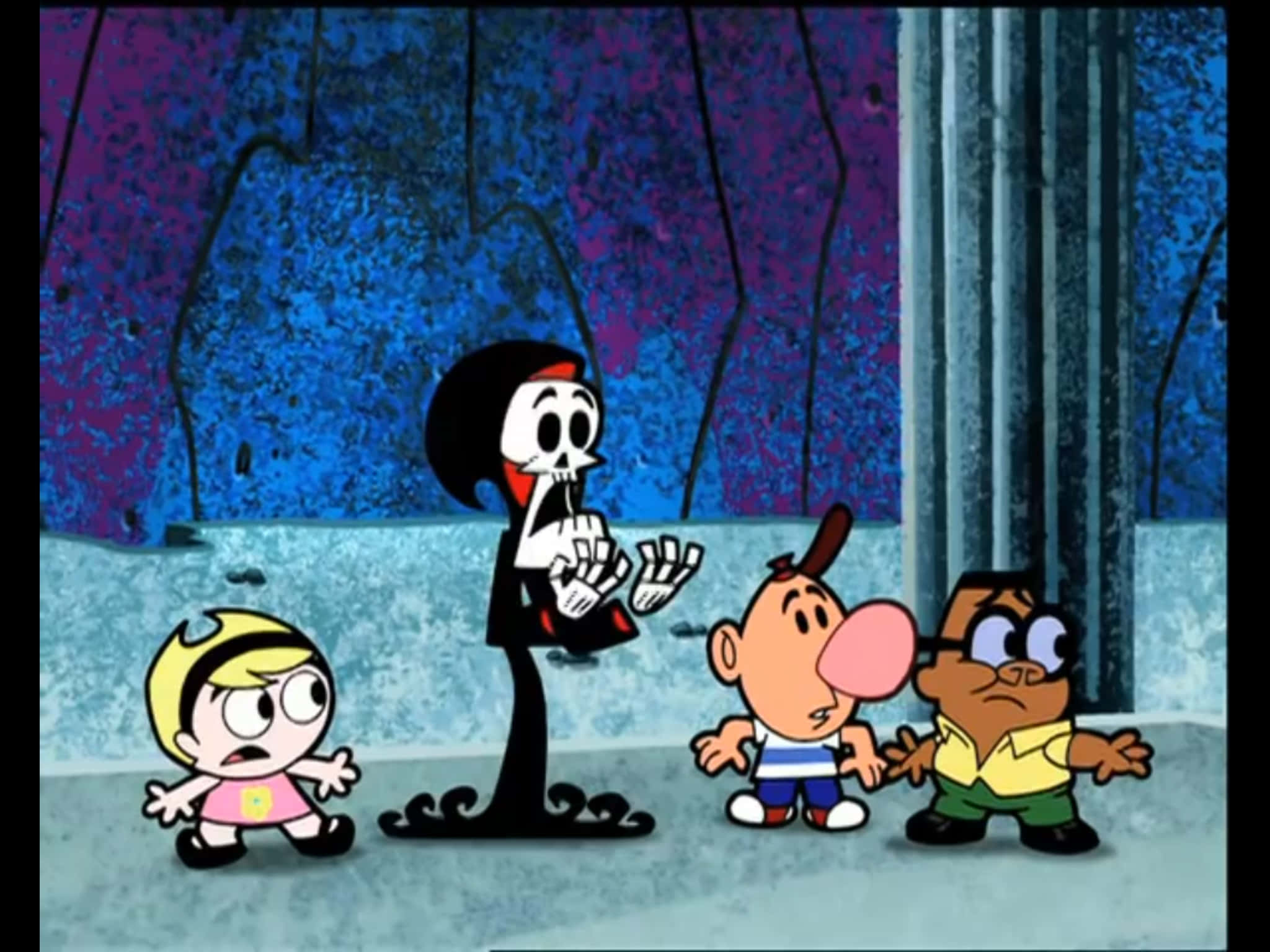 the grim adventures of billy and mandy 桌布 壁紙 — 一個穿著黑色長袍的卡通骷髏角色，站在三個驚恐的孩子面前，背景是一個詭異的藍紫色洞穴。