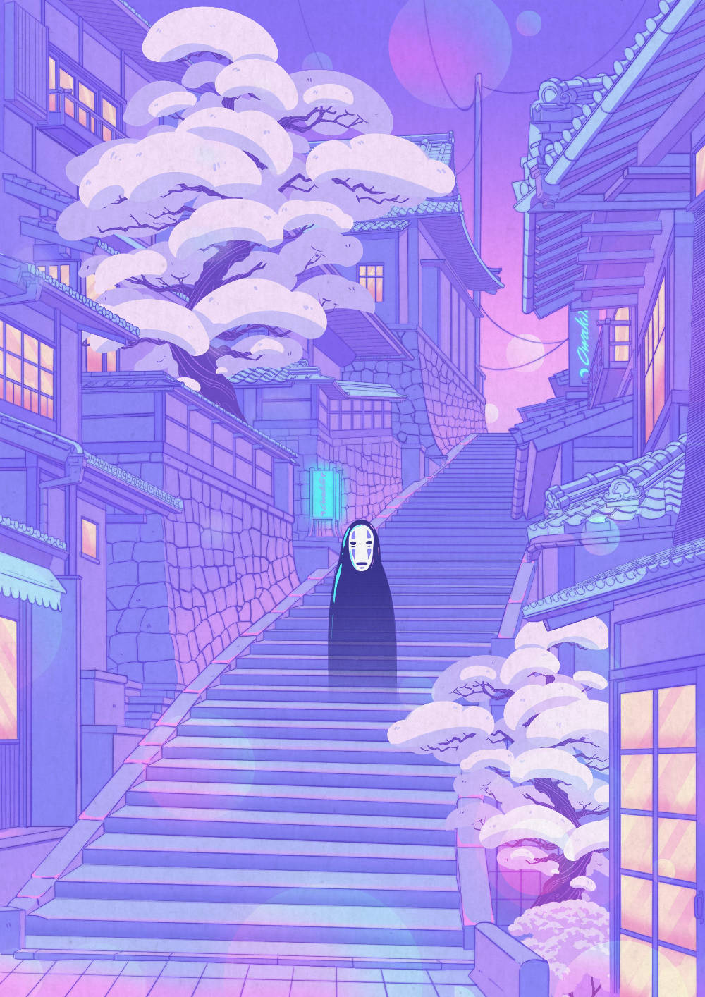 No Face 桌布 壁紙 — 一個穿著黑色長袍的寂靜鬼影，站在暮色中白雪覆蓋的日本小鎮裡一條發光的紫色樓梯頂端。