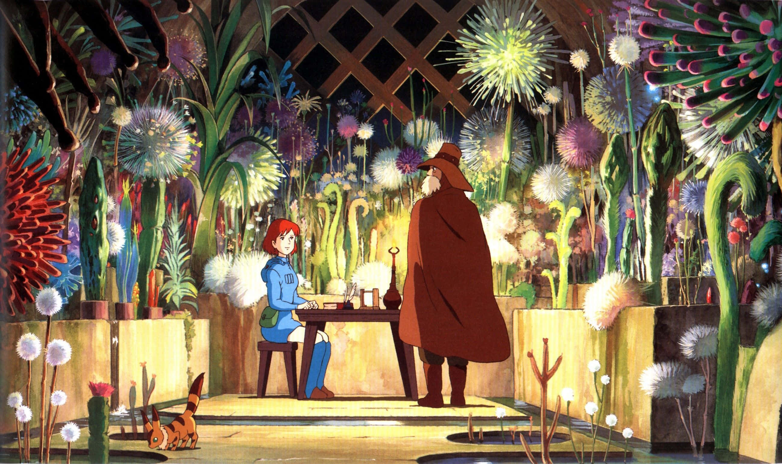 nausicaä of the valley of the wind 桌布 壁紙 — 一個穿藍色衣服的小女孩坐在桌子旁，面對一個穿長袍的人物，在一個充滿發光彩色植物的奇幻花園裡，上方是木格子屋頂。