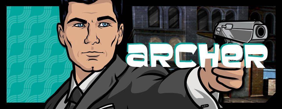 archer 桌布 壁紙 — 一個穿西裝的卡通男人用槍瞄準，槍上有粗體字 archer，背景是青綠色圖案。