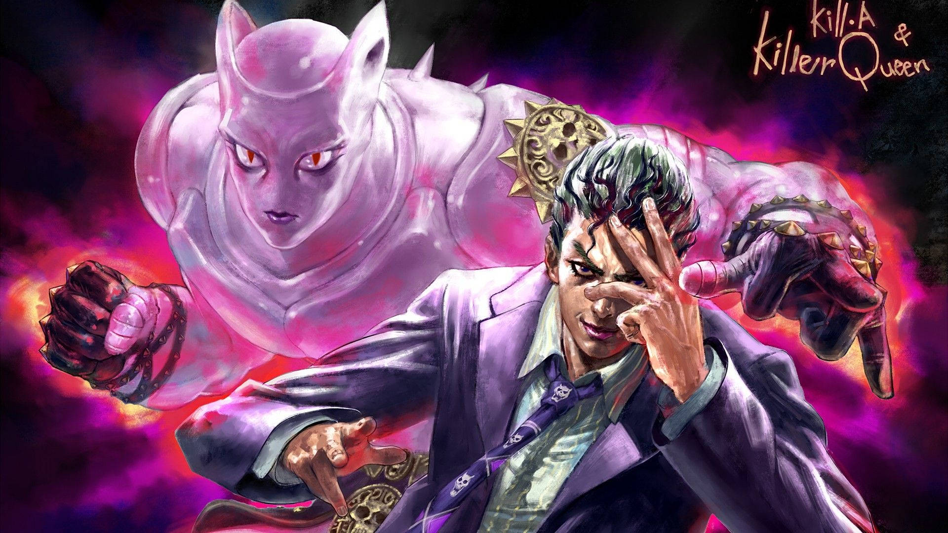 Giorno 桌布 壁紙 — 一個穿西裝的男人做出和平手勢，一隻巨大的粉紅色貓狀怪物在他身後隱現，背景是火熱的紫色。