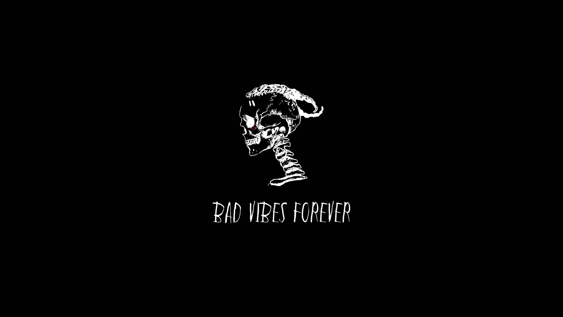xxxtentacion 動畫 桌布 壁紙 — 一個突出的白色骷髏頭，頭上纏著一條盤繞的蛇，並在黑色背景上寫著 bad vibes forever。