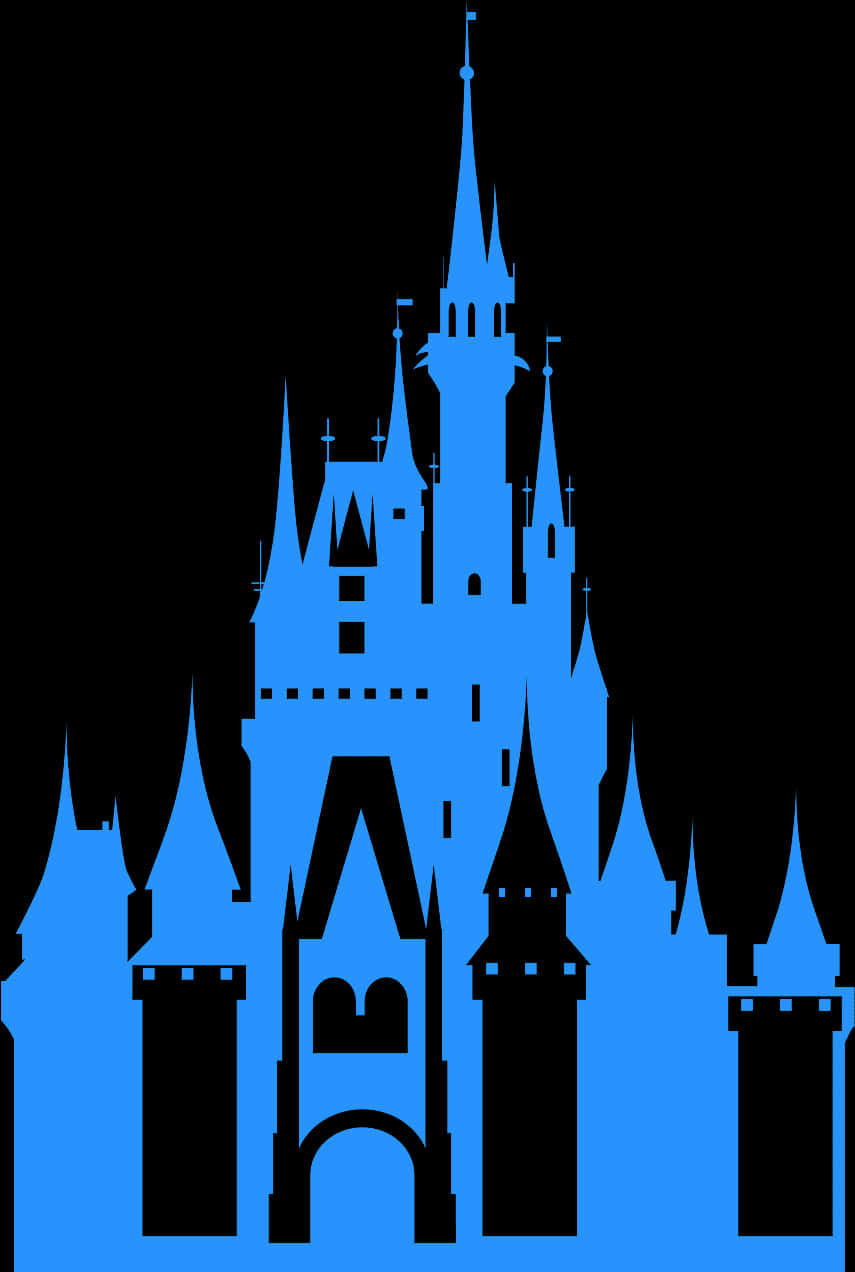 Cinderella Castle 桌布 壁紙 — 一個童話城堡的醒目藍色剪影，在黑色背景上清晰突出，其尖頂和塔樓輪廓分明。
