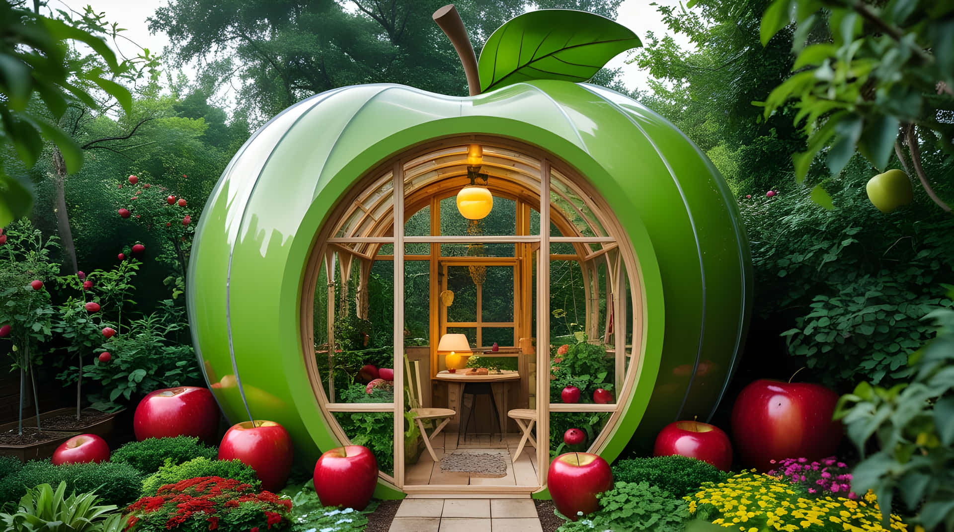 A beautiful apple model home in garden 壁紙 — 一個童話般的綠色蘋果形溫室，坐落在一個茂密的花園中，周圍環繞著超大的紅蘋果和鮮豔的花朵。