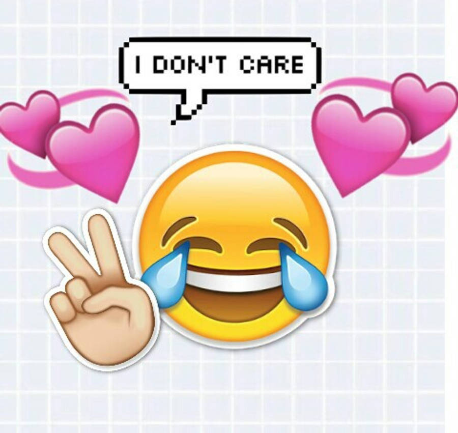 I Dont Care 桌布 壁紙 — 一個笑到流淚的表情符號比出和平手勢，周圍有粉紅色愛心和一個對話氣泡寫著「我不在乎」。