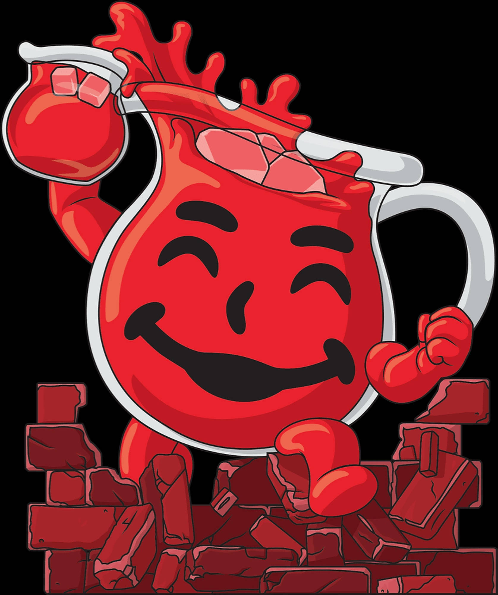Kool Aid Man 桌布 壁紙 — 一個笑容滿面的紅色水壺角色戴著拳擊手套，勝利地站在一堆破碎的紅磚上。