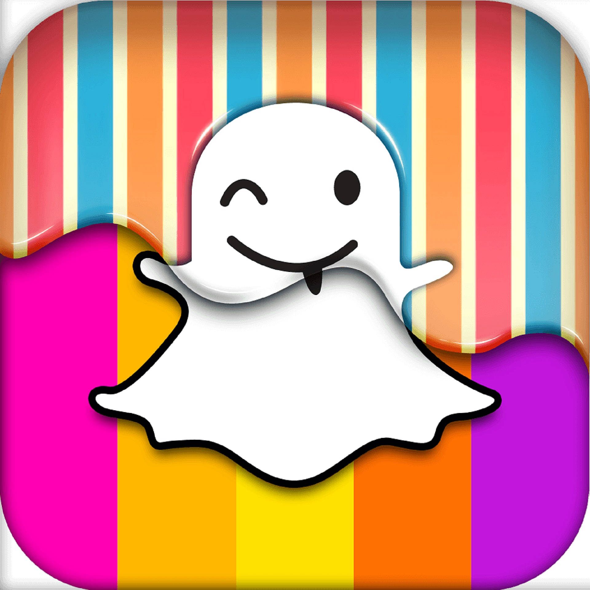 Snapchat 桌布 壁紙 — 一個笑容燦爛的卡通鬼魂從色彩繽紛的條紋背景中出現。