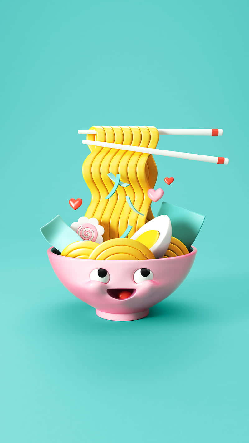 Food Photography 桌布 壁紙 — 一個笑臉的粉紅色碗，用筷子夾起黃色麵條，背景是藍綠色。