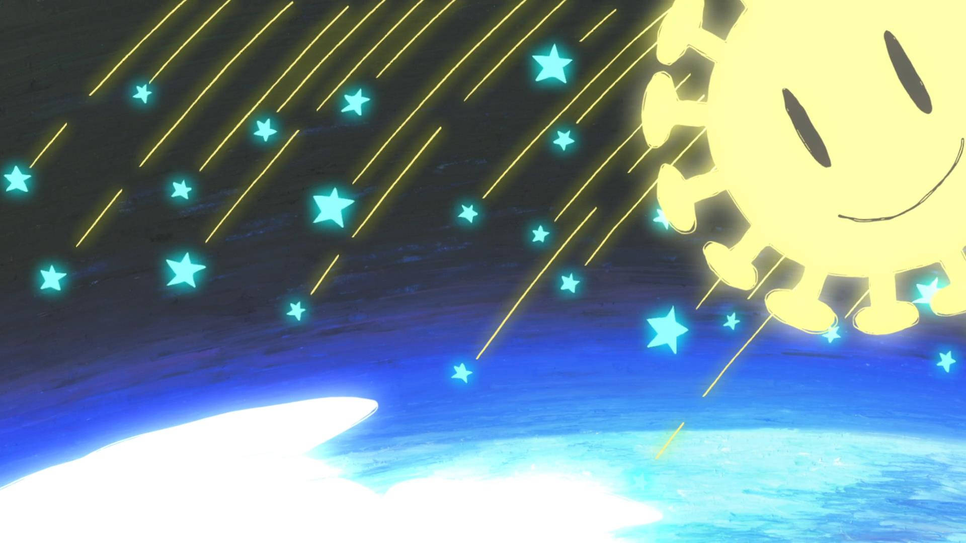 Nichijou 桌布 壁紙 — 一個笑臉的黃色太陽在充滿活力的藍色天空中灑下發光的藍色星星。