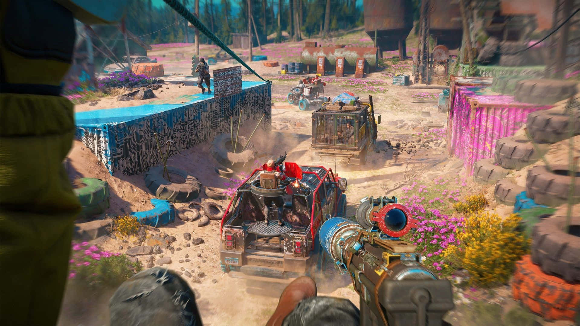 1920x1080 Far Cry New Dawn 桌布 壁紙 — 一個第一人稱射擊場景，在一個充滿塗鴉和野花的彩色垃圾場中，有一輛定制車輛和武器。
