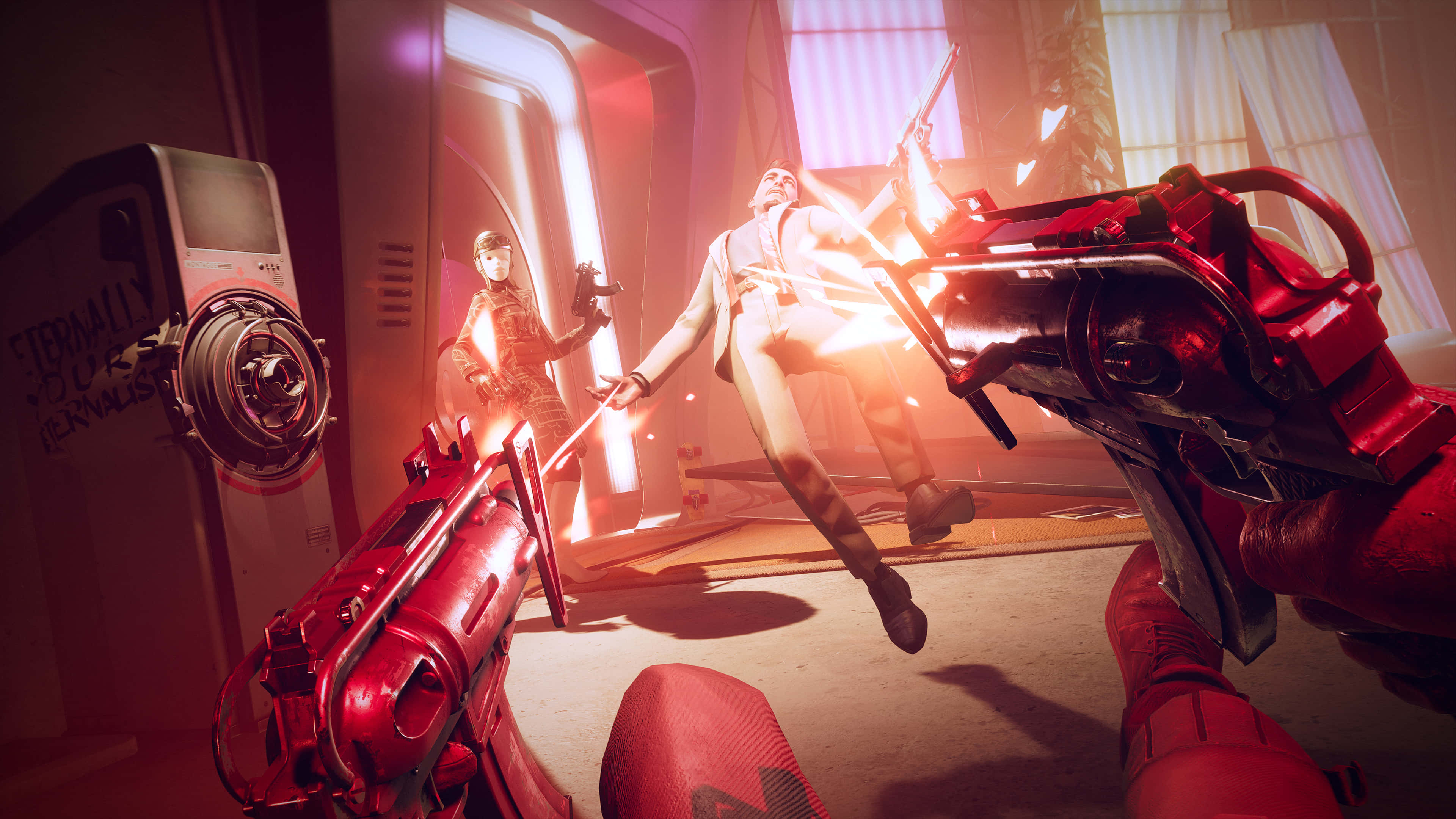 Best Wolfenstein Ii 桌布 壁紙 — 一個第一人稱射擊場景，在未來科幻走廊中有紅色武器和發光燈光。