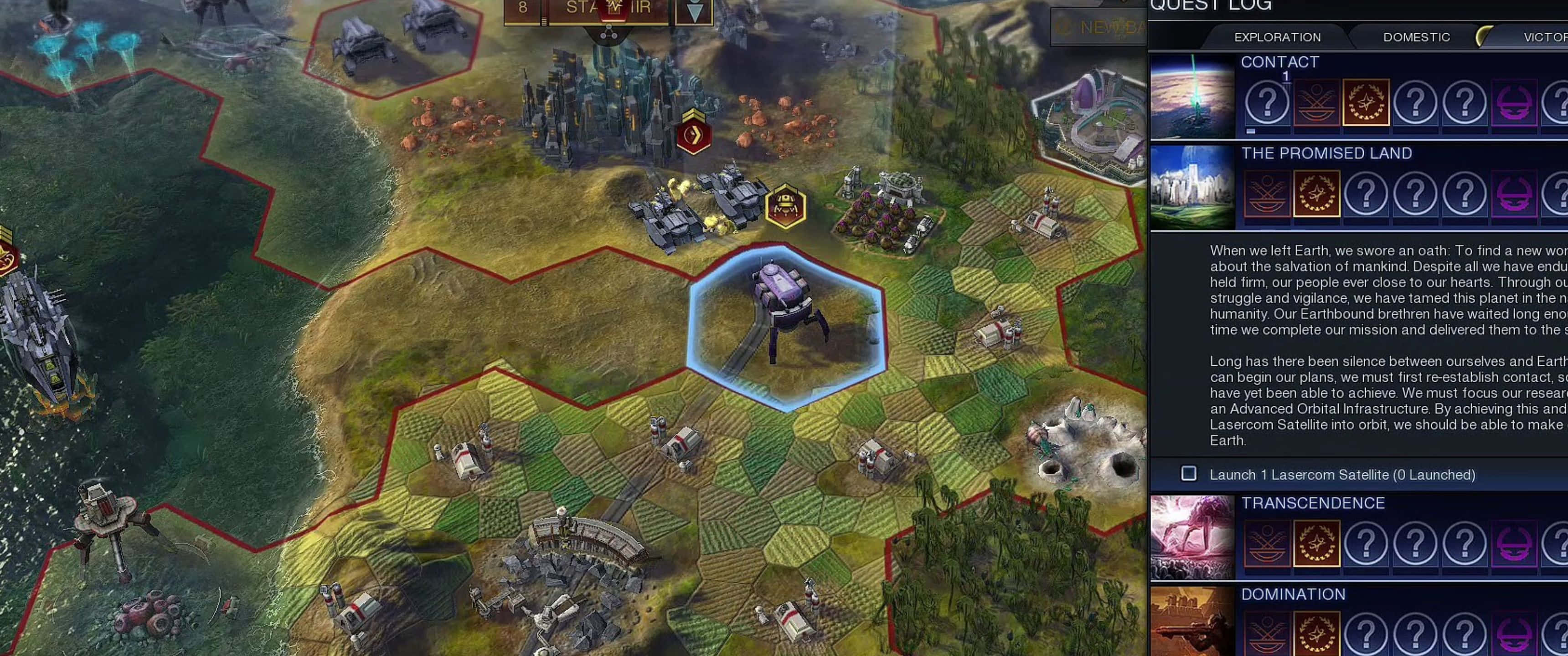 1440p Civilization Beyond Earth 桌布 壁紙 — 一個策略遊戲地圖顯示了一個六邊形網格，上面有未來主義的基地和一個中央的外星車輛，周圍是地形和UI元素。