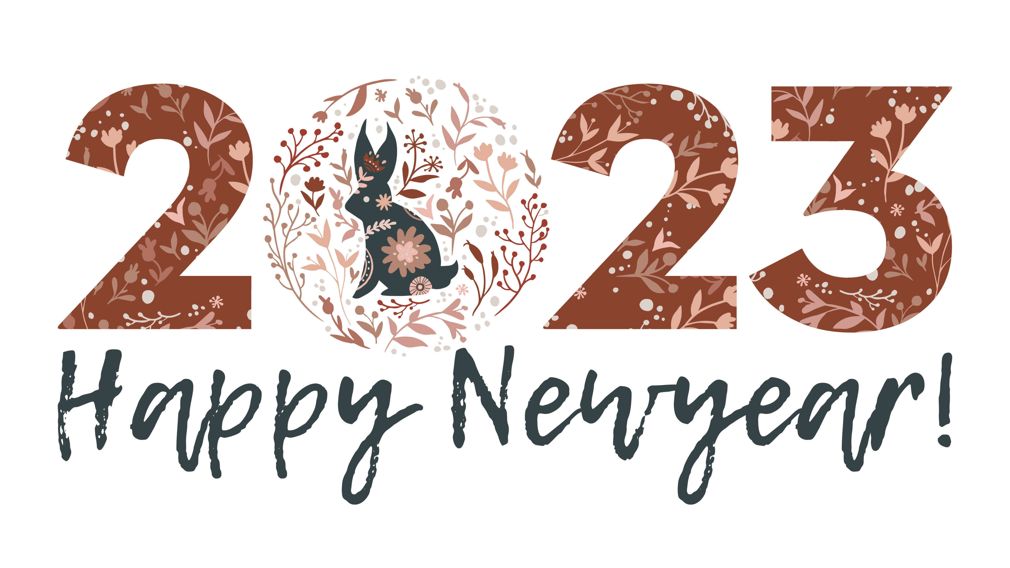 新年快樂 桌布 壁紙 — 一個節日2023新年祝福，中間有花環兔，兩旁是棕色圖案數字和手寫文字。