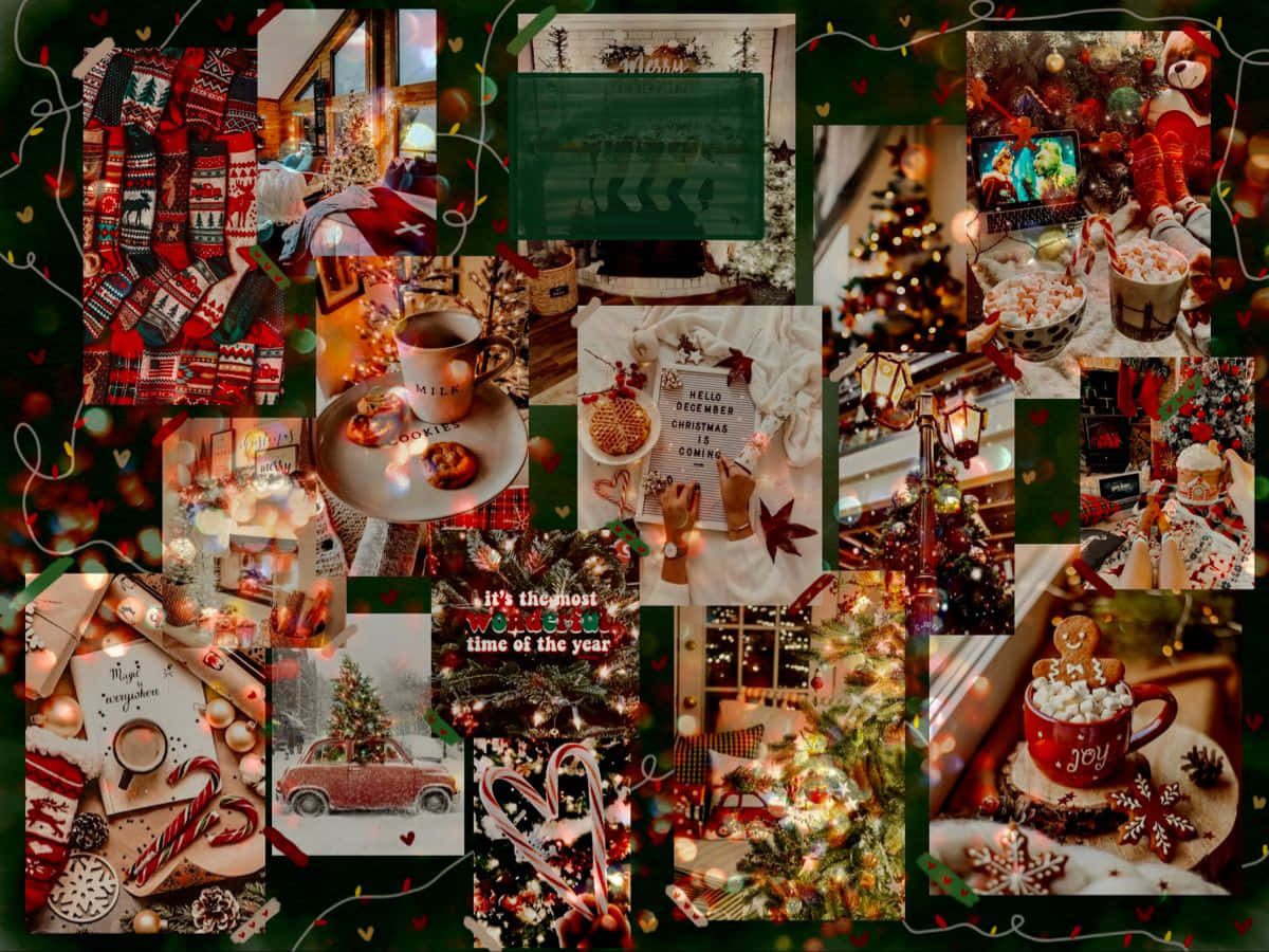 桌布 壁紙 — 一個節日假期拼貼畫，包含溫馨的聖誕場景，有裝飾好的聖誕樹、溫暖的燈光、薑餅餅乾和舒適的毛衣。
