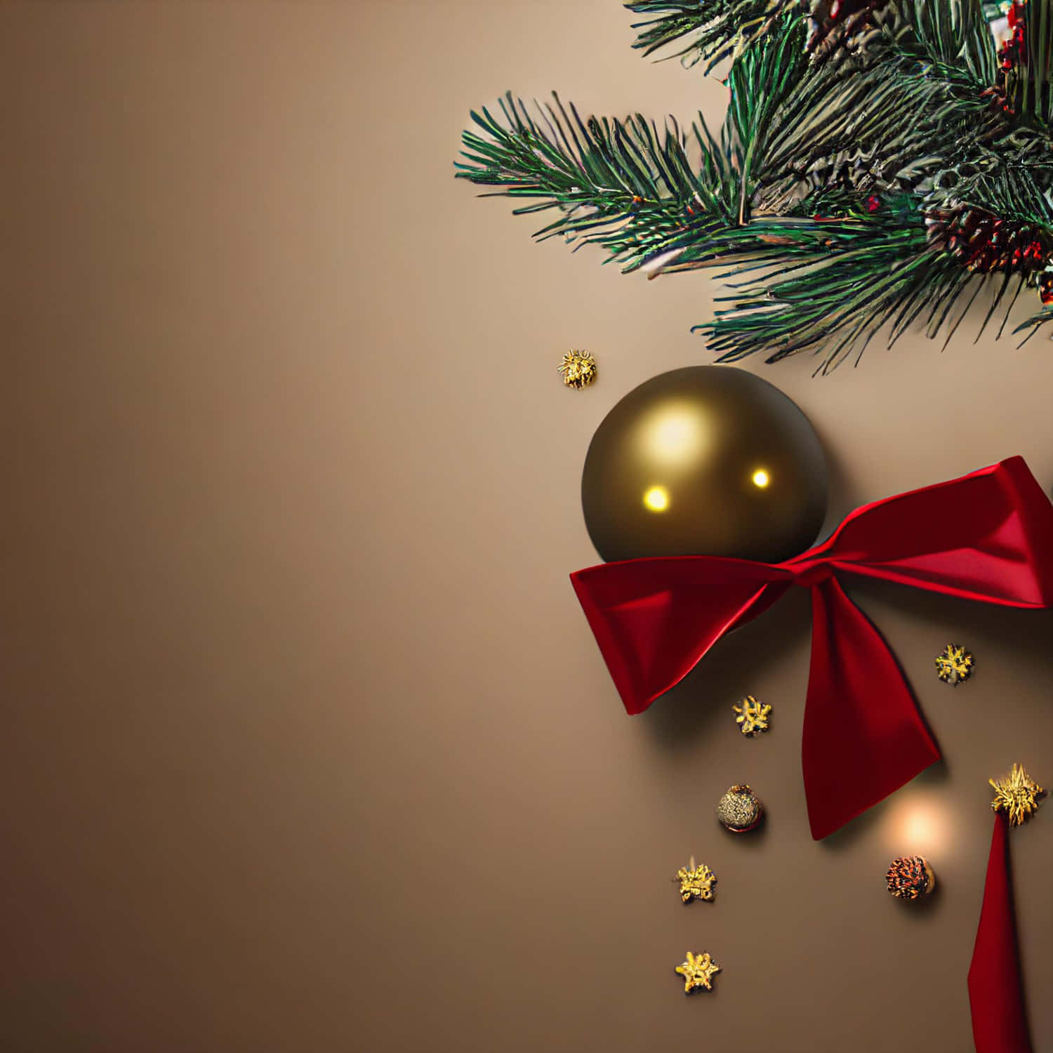 Microsoft Teams Christmas 桌布 壁紙 — 一個節日假期組合，包括金色裝飾品、紅色蝴蝶結、松樹枝和金色雪花，排列在溫暖的米色背景上。