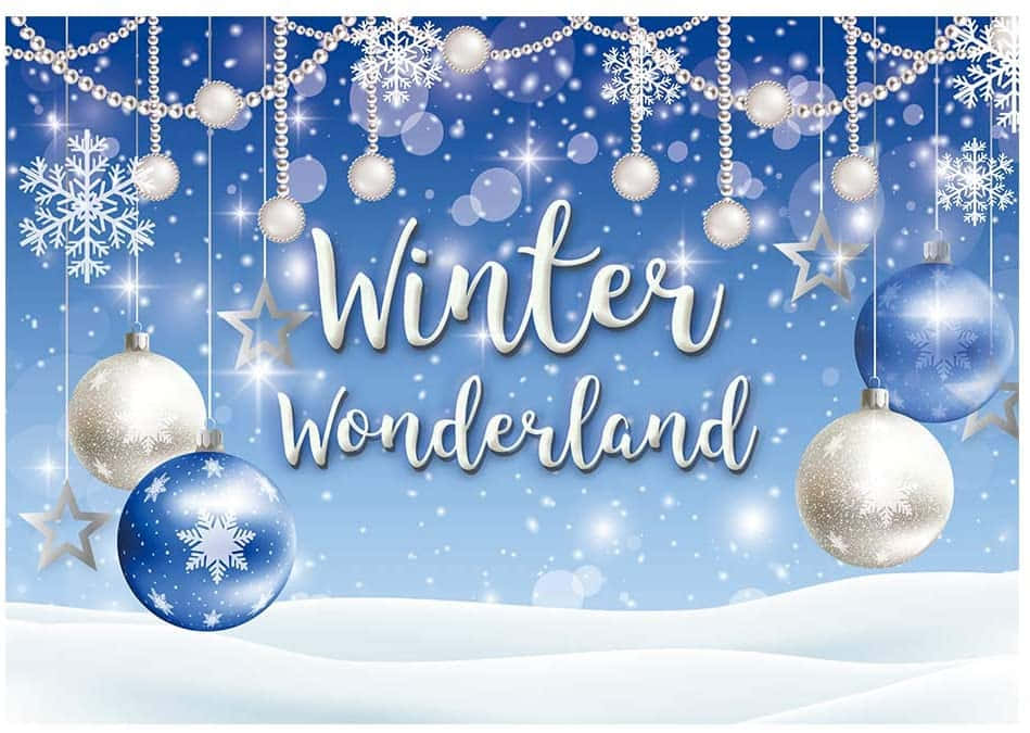 Winter 桌布 壁紙 — 一個節日冬季仙境場景，懸掛著雪花裝飾品和閃閃發光的藍色和銀色球體，背景是雪地。