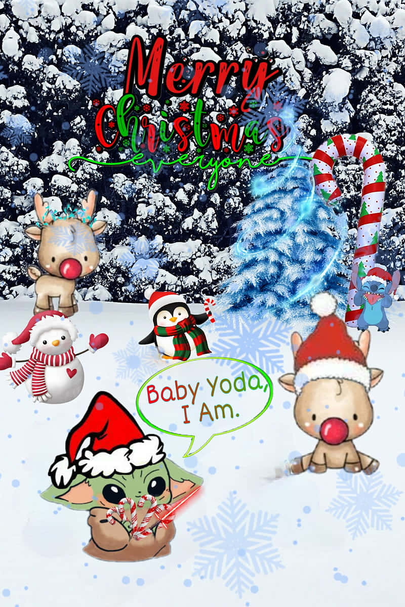 Yoda Free 桌布 壁紙 — 一個節日冬季場景，卡通角色如Baby Yoda和馴鹿穿著雪地裝備，周圍環繞著拐杖糖和雪花，下方有「聖誕快樂」標誌。